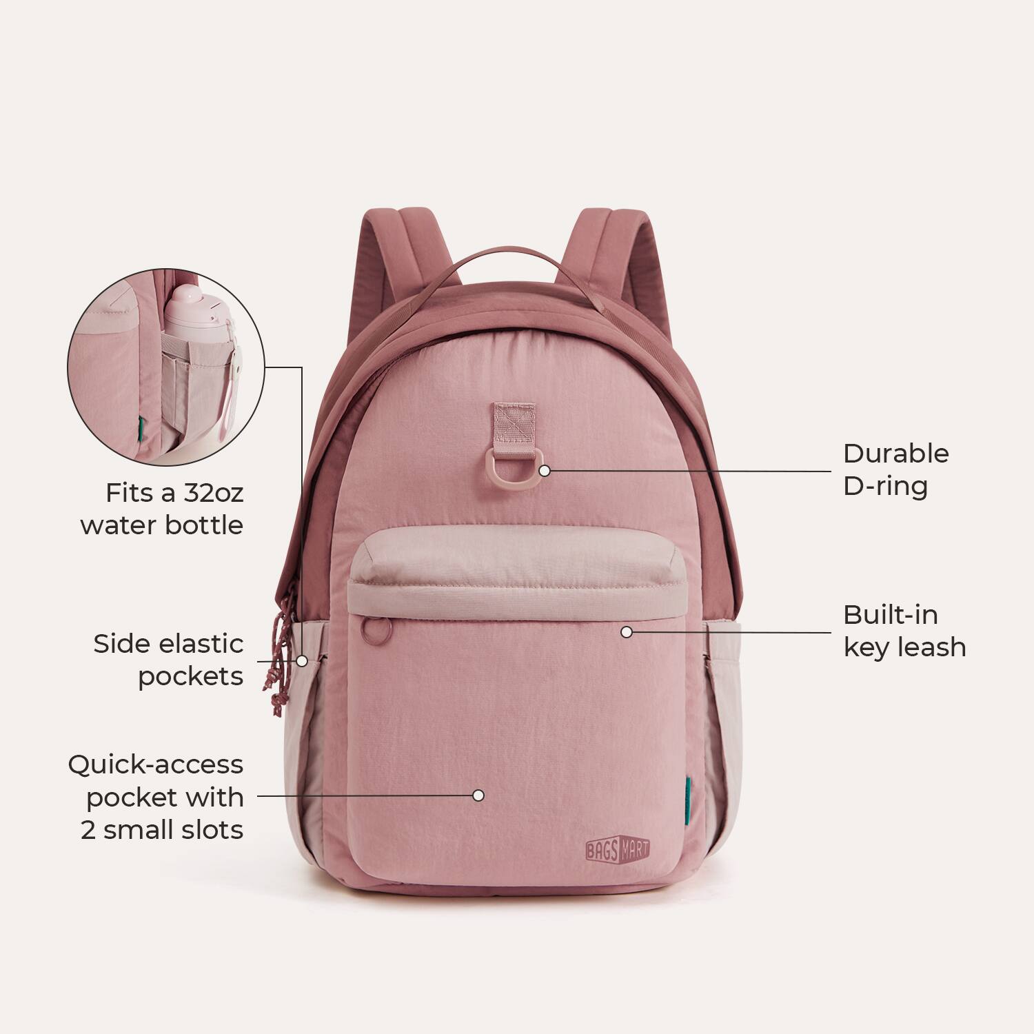 Fits a 32oz water bottle  
Durable D-ring  
Side elastic pockets  
Built-in key leash  
Quick-access pocket with 2 small slots  
BAGS MART
