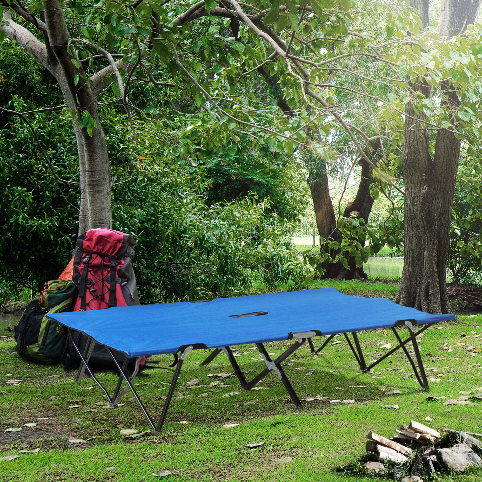 Angle. Outsunny - Outsunny 2 Person Folding Camping Cot for Adults, 50" Extra Wide Outdoor Portable Sleeping Cot - Blue.
