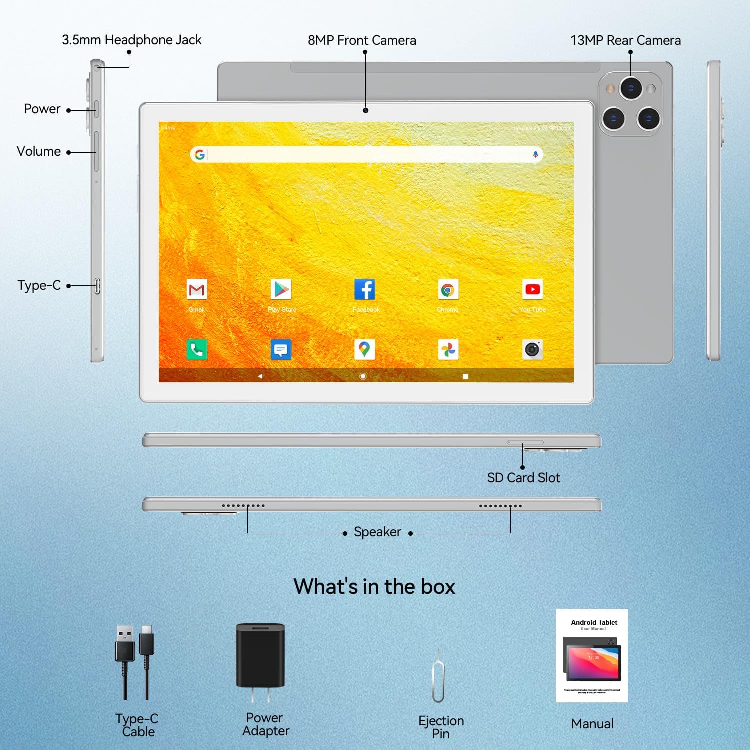 3.5mm Headphone Jack, 8MP Front Camera, 13MP Rear Camera, Power, Volume, Type-C, SD Card Slot, Speaker, What's in the box, Android Tablet, Type-C Cable, Power Adapter, Ejection Pin, Manual