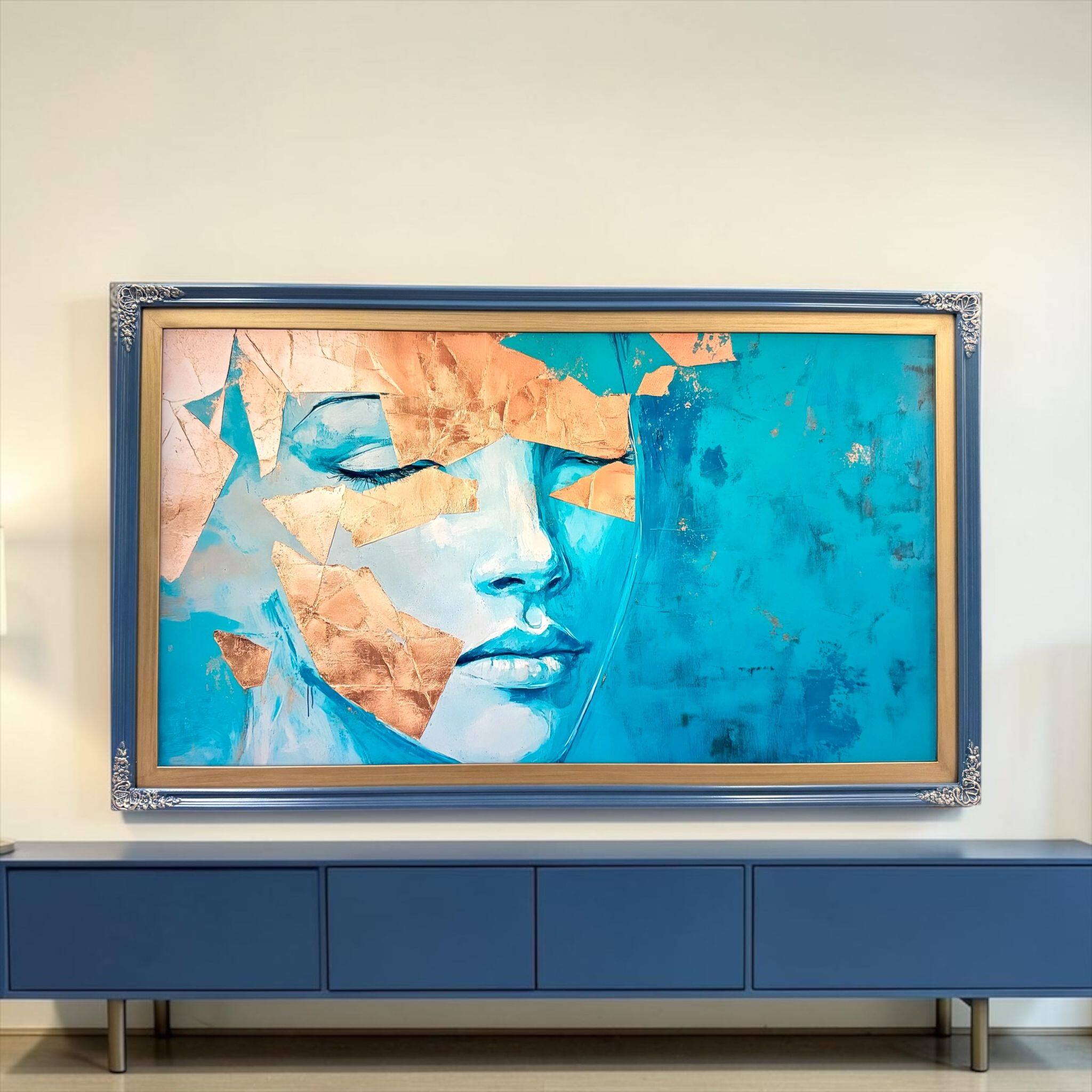 Alt View 10. LAREDO FRAME FACTORY - 55 inch Handmade Ornate Tv Frame For TCL A300W NXTVISION Tv - HONKY TONK BLUE WITH GOLD ACCENTS.