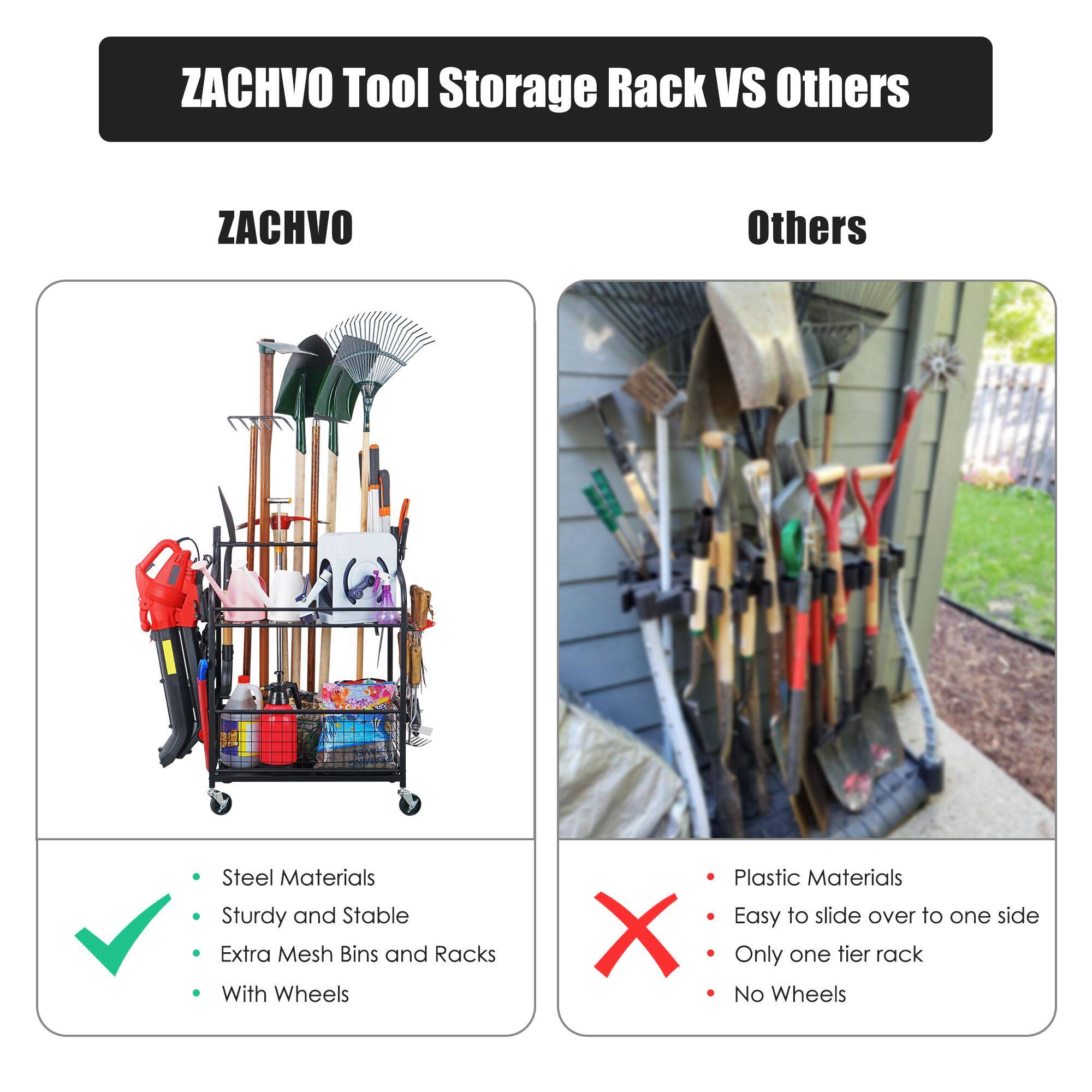 ZACHVO Tool Storage Rack VS Others

ZACHVO
- Steel Materials
- Sturdy and Stable
- Extra Mesh Bins and Racks
- With Wheels

Others
- Plastic Materials
- Easy to slide over to one side
- Only one tier rack
- No Wheels