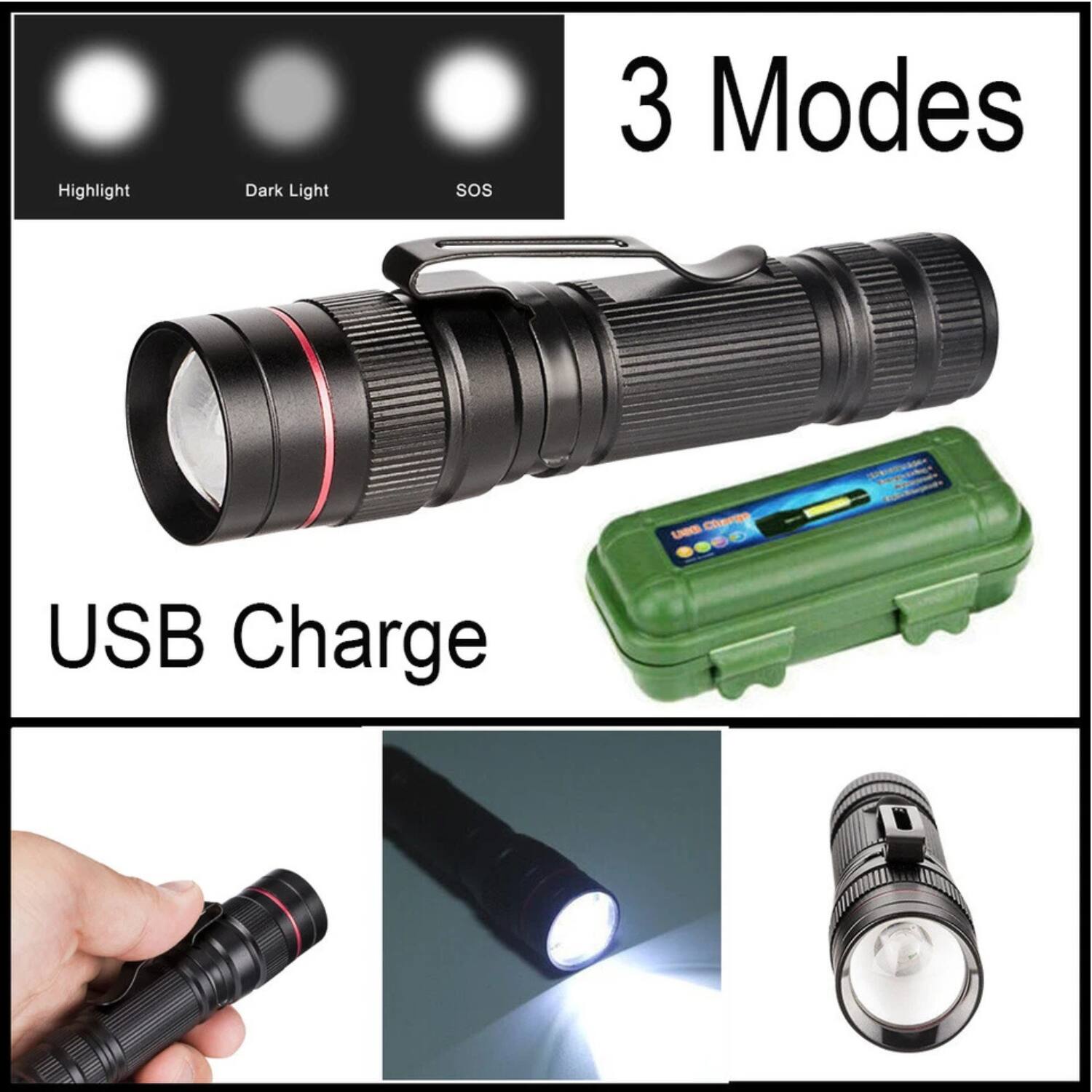 3 Modes  
Highlight  
Dark Light  
SOS  

USB Charge