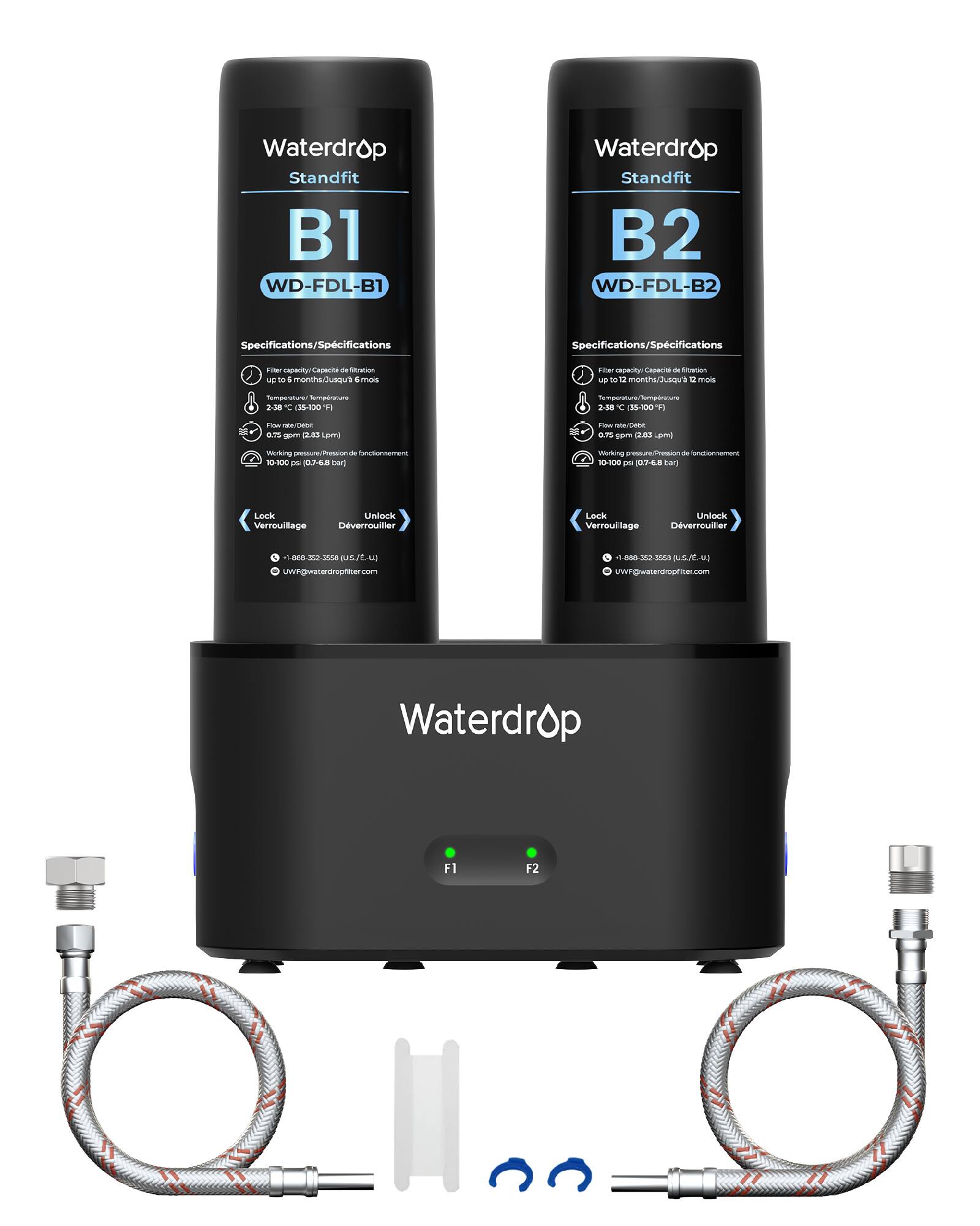 Waterdrop Standfit B1 WD-FDL-B1  
Waterdrop Standfit B2 WD-FDL-B2  

Specifications/Spcifications  
Filter capacity/Capacité de filtration  
up to 8 months/Jusqu'à 6 mois  
2.75 L (15.000 L)  

Flow rate/Debit  
0.75 gpm (28.3 Lpm)  

Working pressure/Pression de fonctionnement  
10-100 psi (0.7-6.8 bar)  

Lock Verrouillage  
Unlock Déverrouiller  

+1-800-325-3552 (U.S./U.S.)  
UWF@waterdropfilter.com  

Waterdrop F1 F2