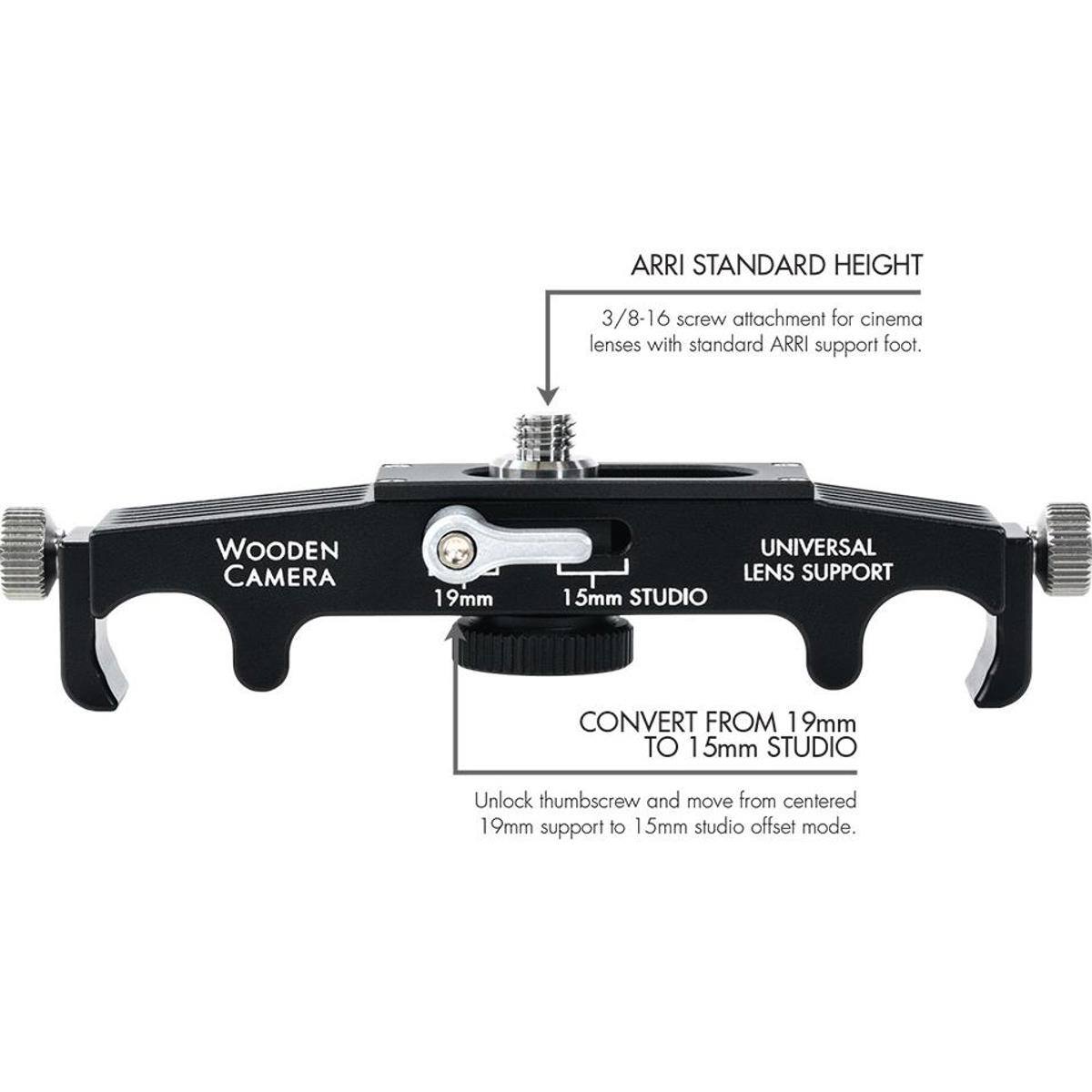 ARRI STANDARD HEIGHT 3/8-16 screw attachment for cinema lenses with standard ARRI support foot. WOODEN CAMERA 19mm UNIVERSAL LENS SUPPORT 15mm STUDIO CONVERT FROM 19mm TO 15mm STUDIO. Unlock thumbscrew and move from centered 19mm support to 15mm studio offset mode.