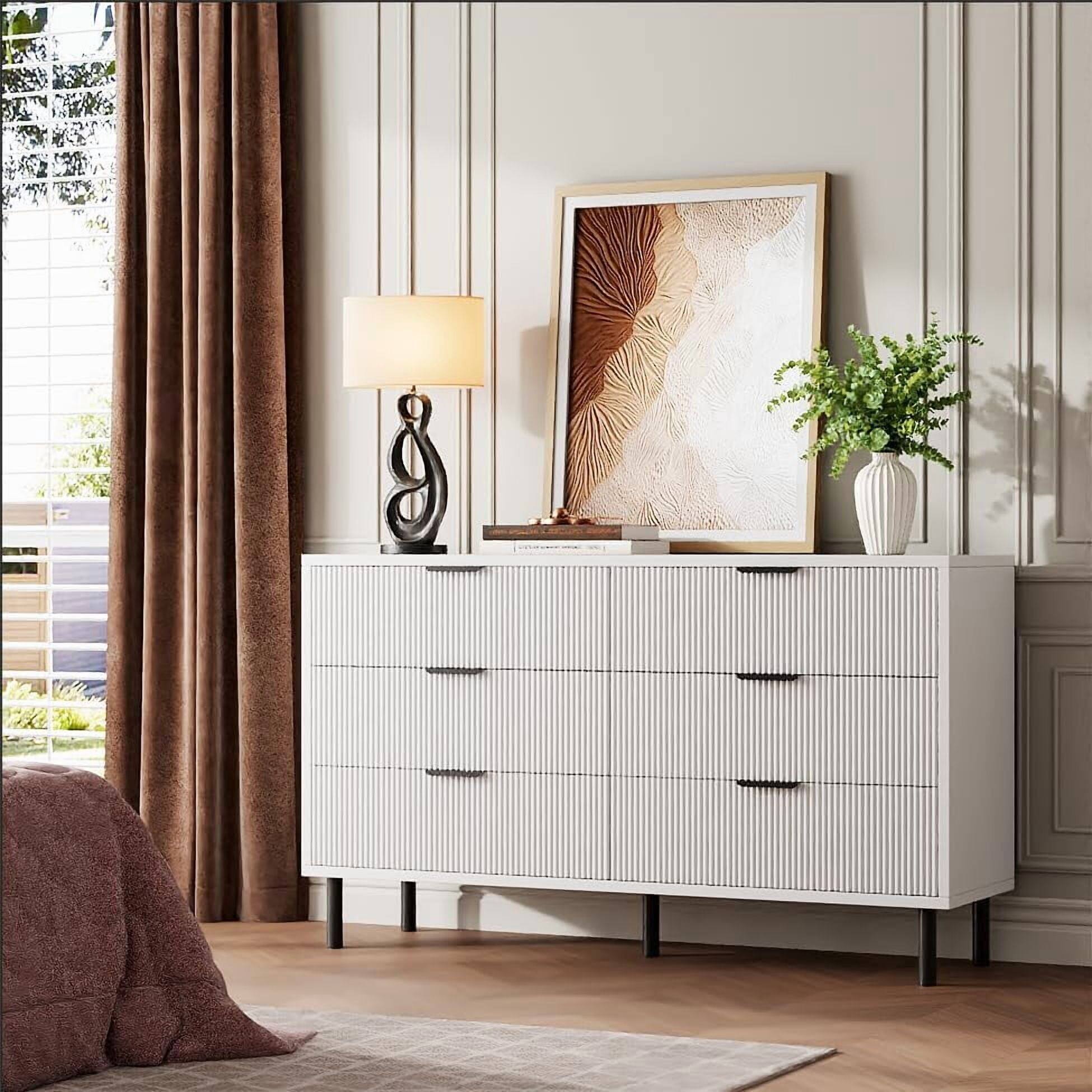 Front. Homhougo - Modern 6-Drawer Dresser for Bedroom, Sleek Wooden Storage Cabinet, White, Spacious Organizer - White.
