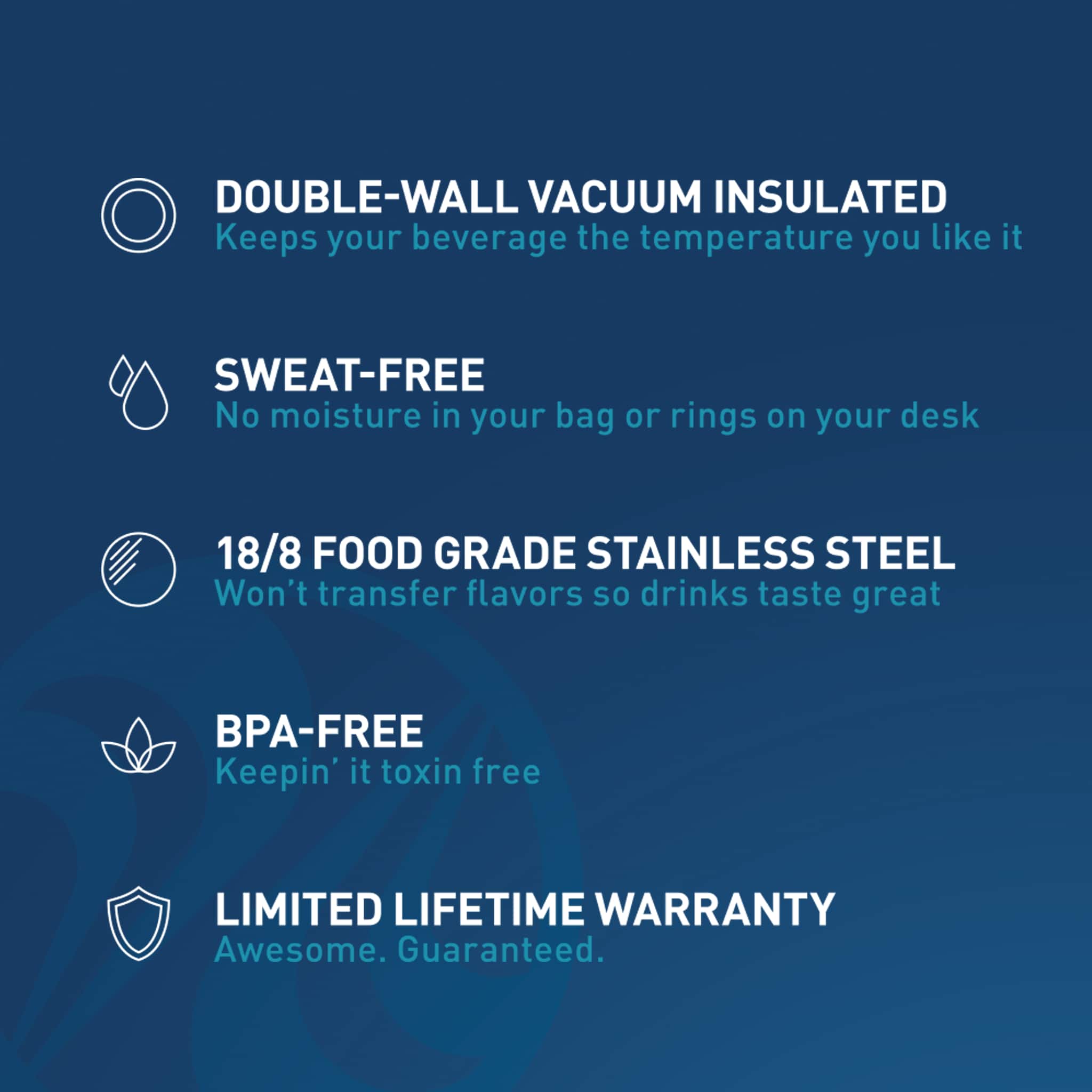 The text on the image is already grouped and correctly written. It describes the features of a double-wall vacuum insulated beverage container, which helps to keep the beverage at the desired temperature, is sweat-free, and made of 18/8 food grade stainless steel. The container also has a BPA-free design and comes with a limited lifetime warranty.
