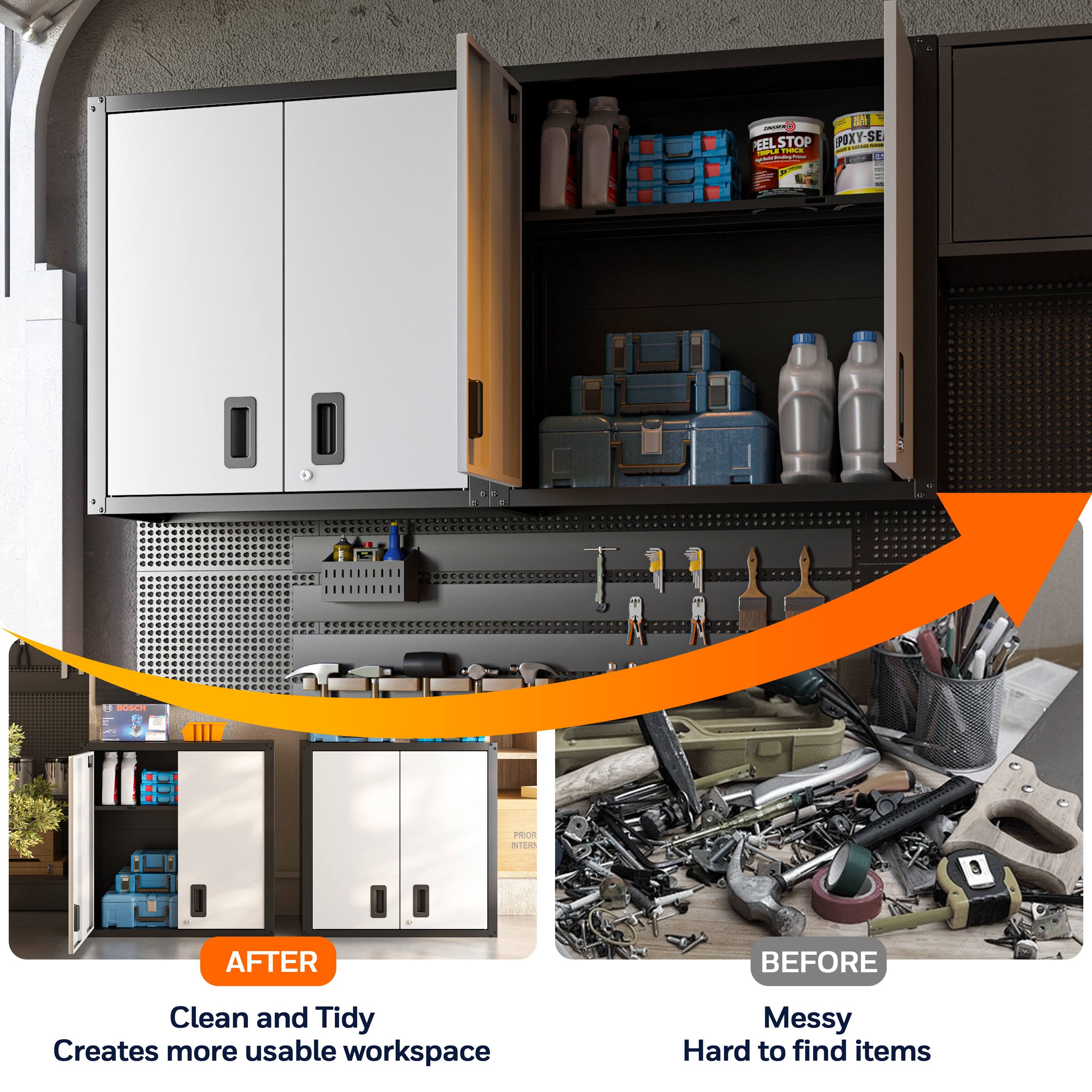 - a i PEEL STOP POXY-SE I : SPL 1a dd d 1  I - - addCA Plde A Tade

AFTER
Clean and Tidy
Creates more usable workspace

BEFORE
Messy
Hard to find items