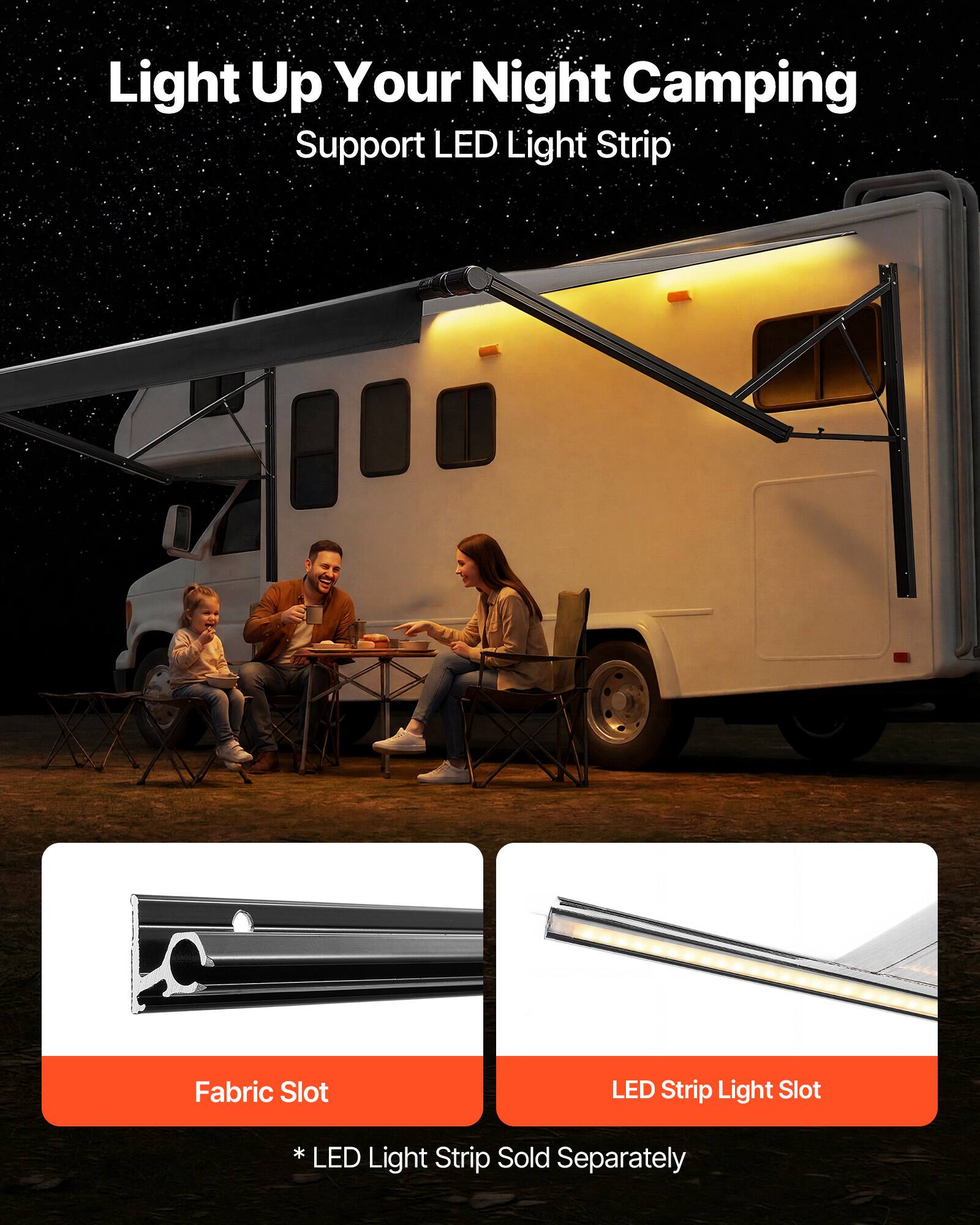 Light Up Your Night Camping  
Support LED Light Strip  
Fabric Slot  
LED Strip Light Slot  
* LED Light Strip Sold Separately
