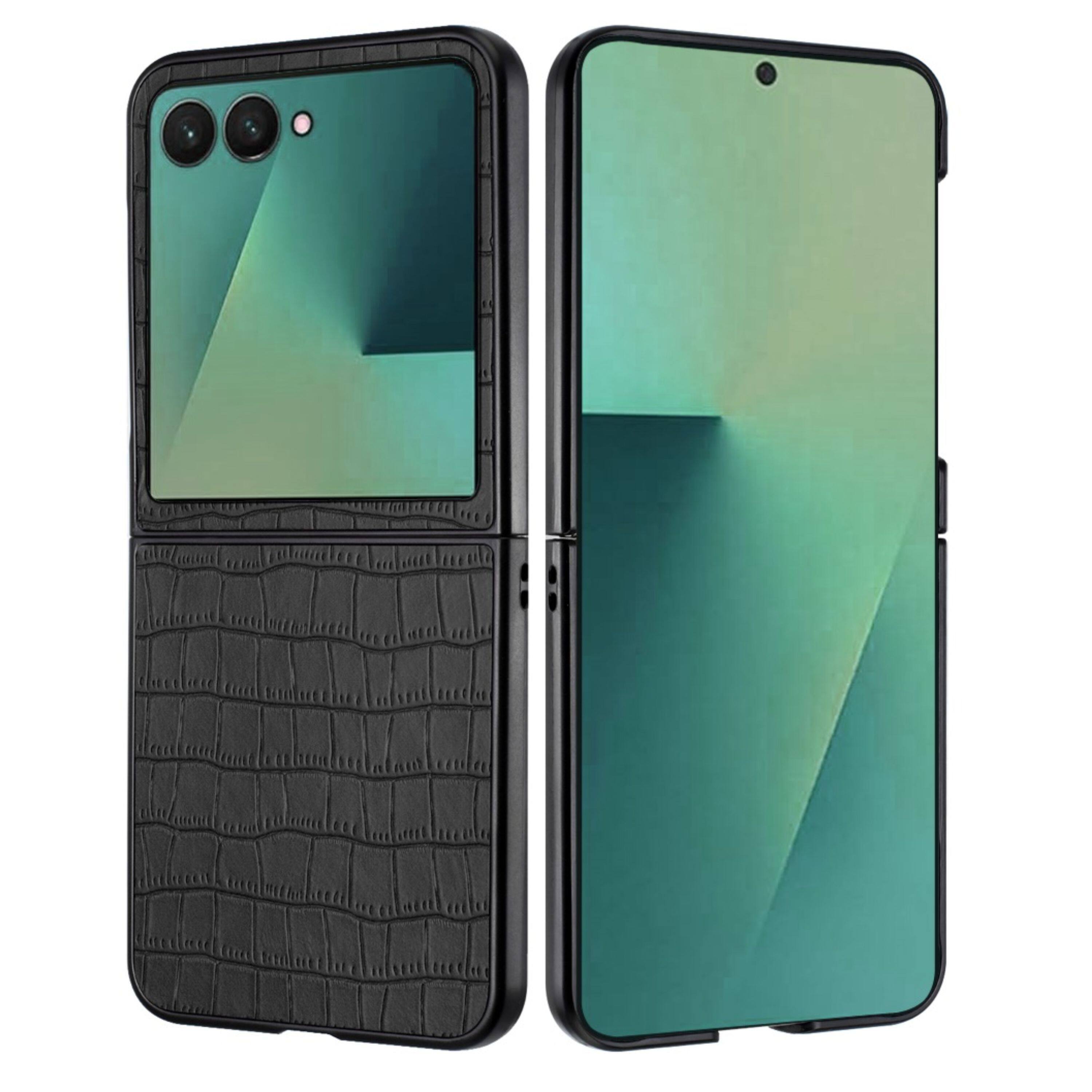 Angle. Kitcheniva - Premium Vegan Leather Croc Case With Tempered Glass For Samsung Galaxy Z Flip7 Black - Black.