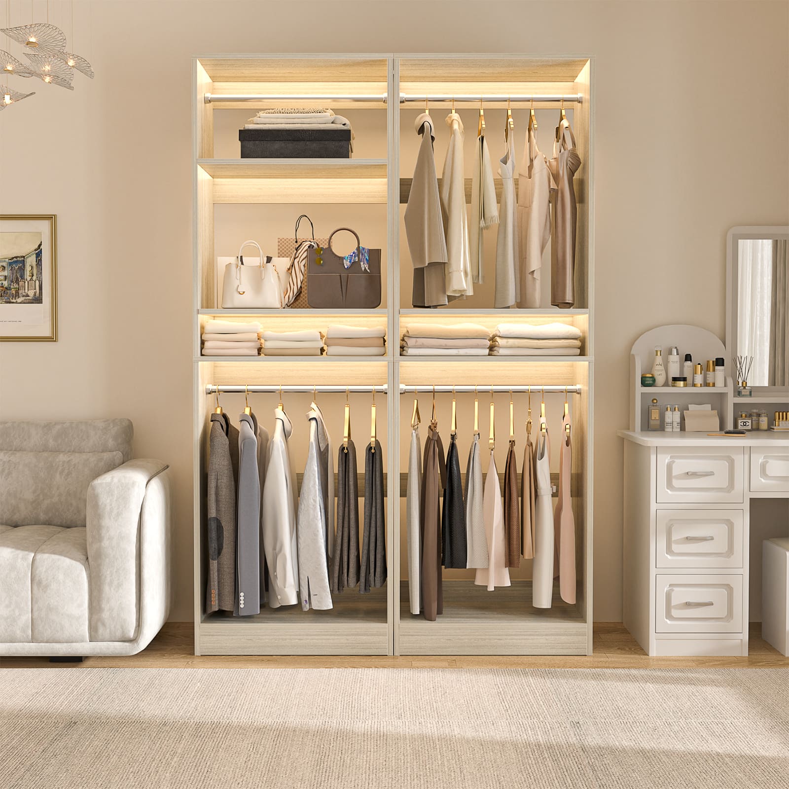 Aheaplus - 50'' Closet Organizer System, Set of 2, Walk-in Closet Storage & Organizer with 4 Hanging Rods and Adjustable Shelves - Beige Oak