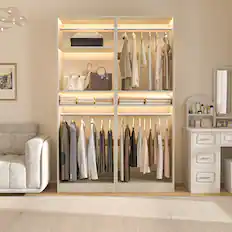 Front. Aheaplus - 50'' Closet Organizer System, Set of 2, Walk-in Closet Storage & Organizer with 4 Hanging Rods and Adjustable Shelves - Beige Oak.