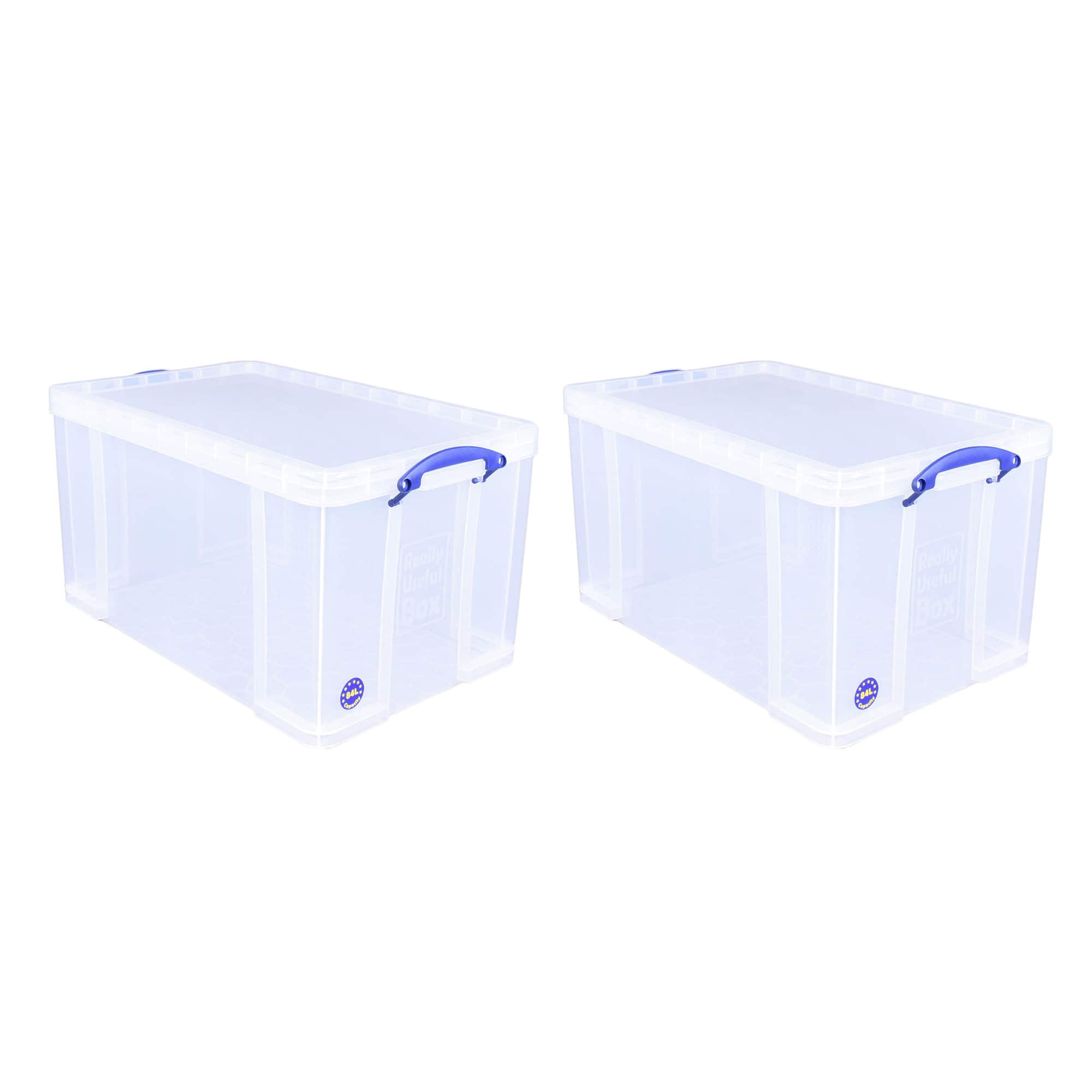 Really Useful Box - 84L Storage Bin w/Snap Lid & Clip Lock Handle, 2 Pack, Clear