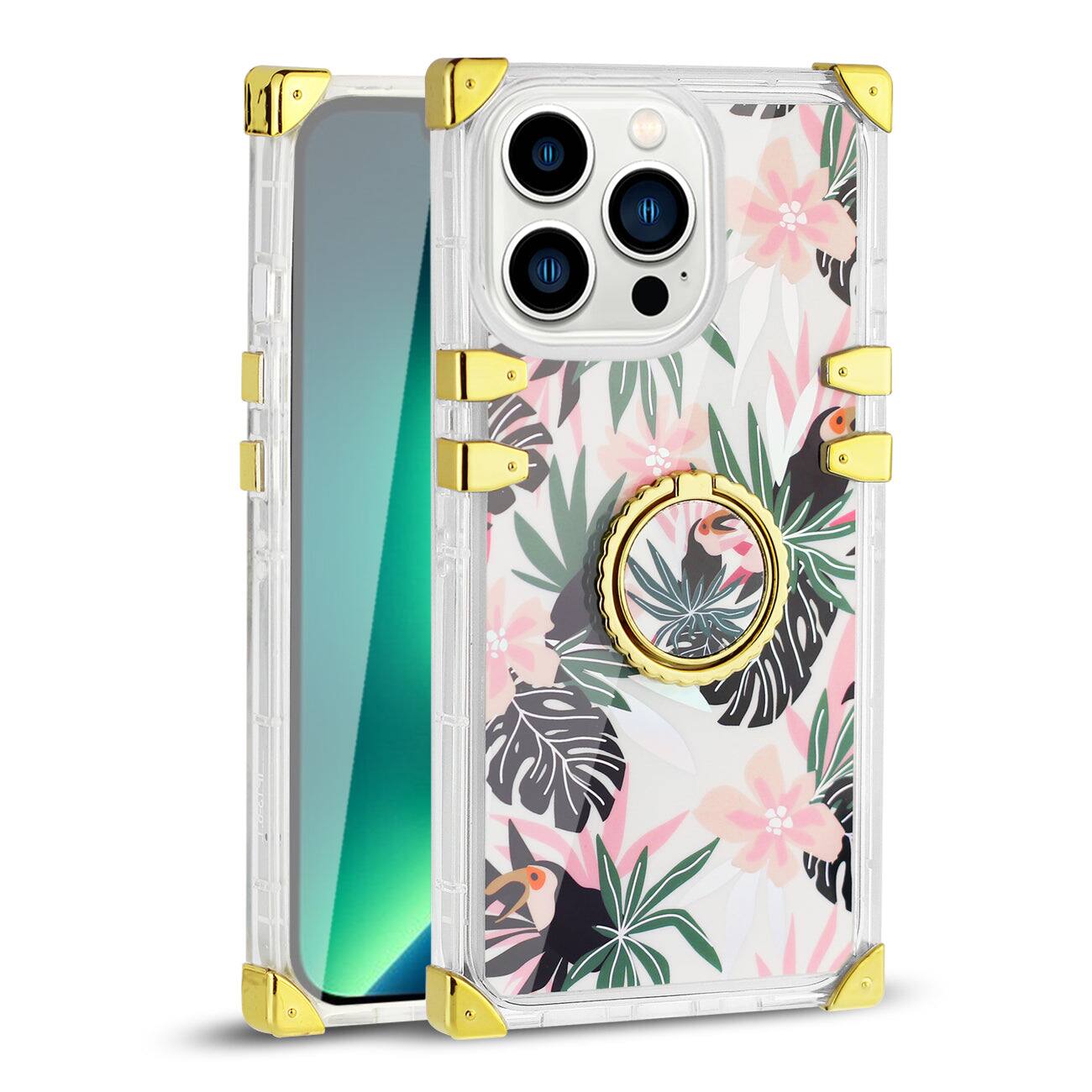 Reiko - Iphone 13 Floral Print Case With Ring Holder In - Pink