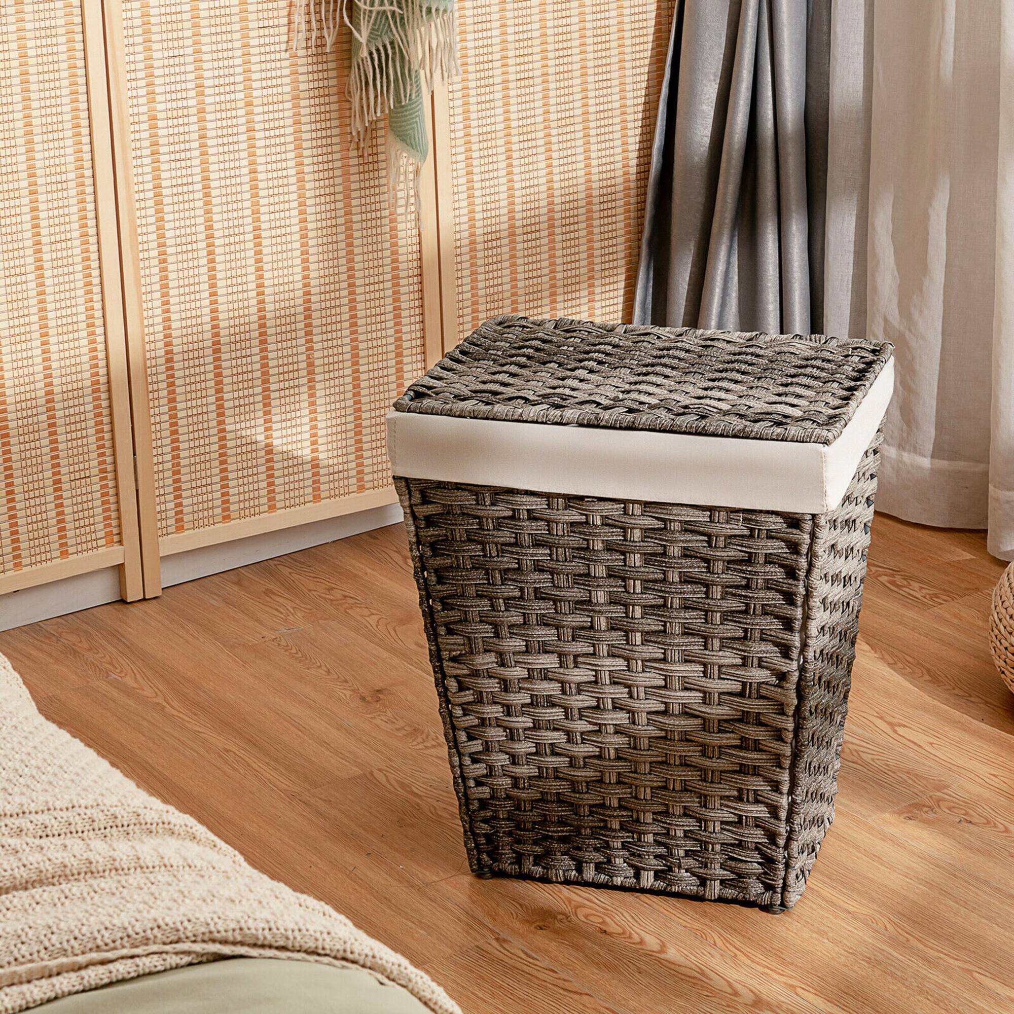 Alt View 12. Costway - Handwoven Laundry Hamper Foldable w/Removable Liner, Lid & Handles - Grey.