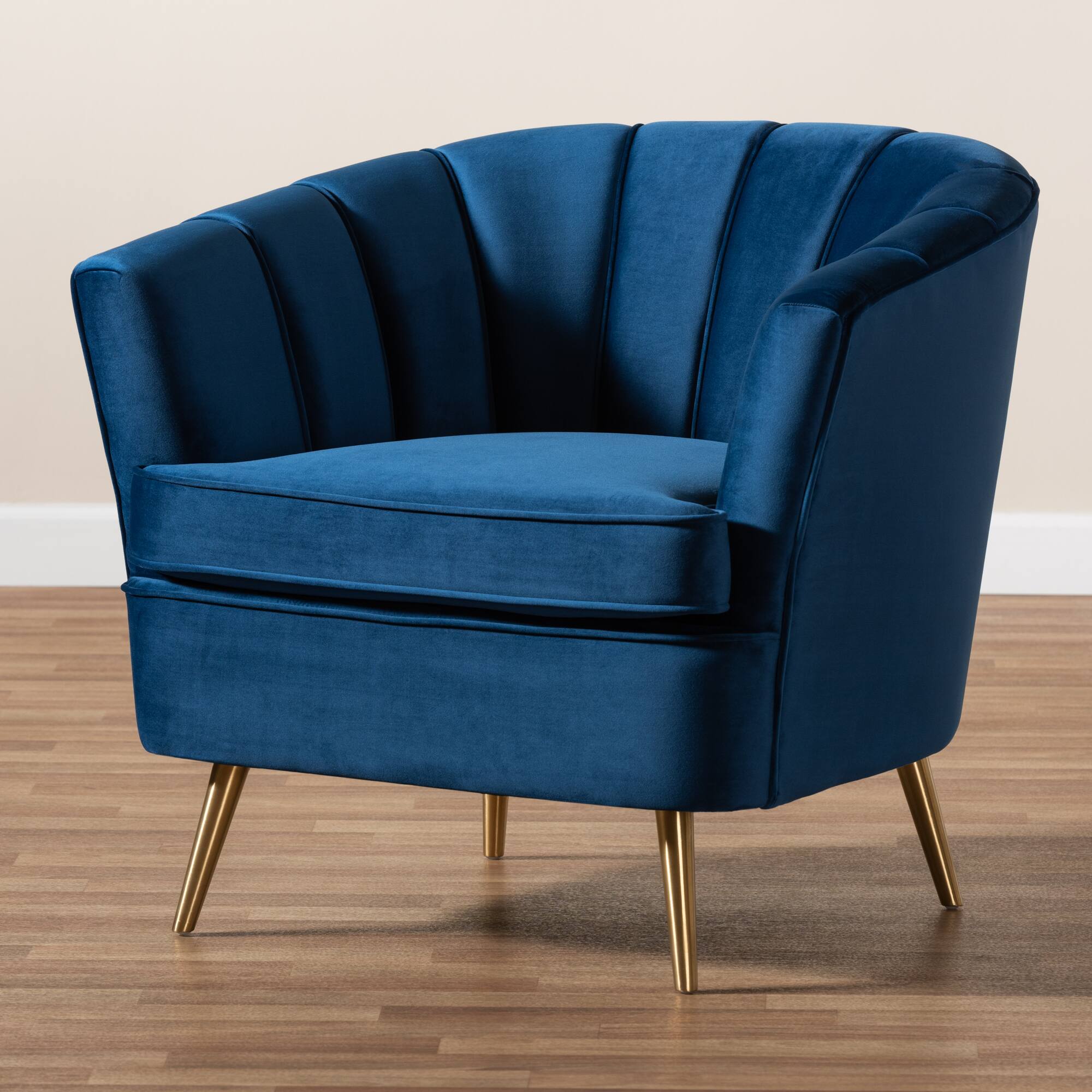 Alt View 4. Baxton Studio - Emeline Glam and Luxe Velvet Fabric Upholstered Brushed Gold Finished Accent Chair - Blue/Gold.