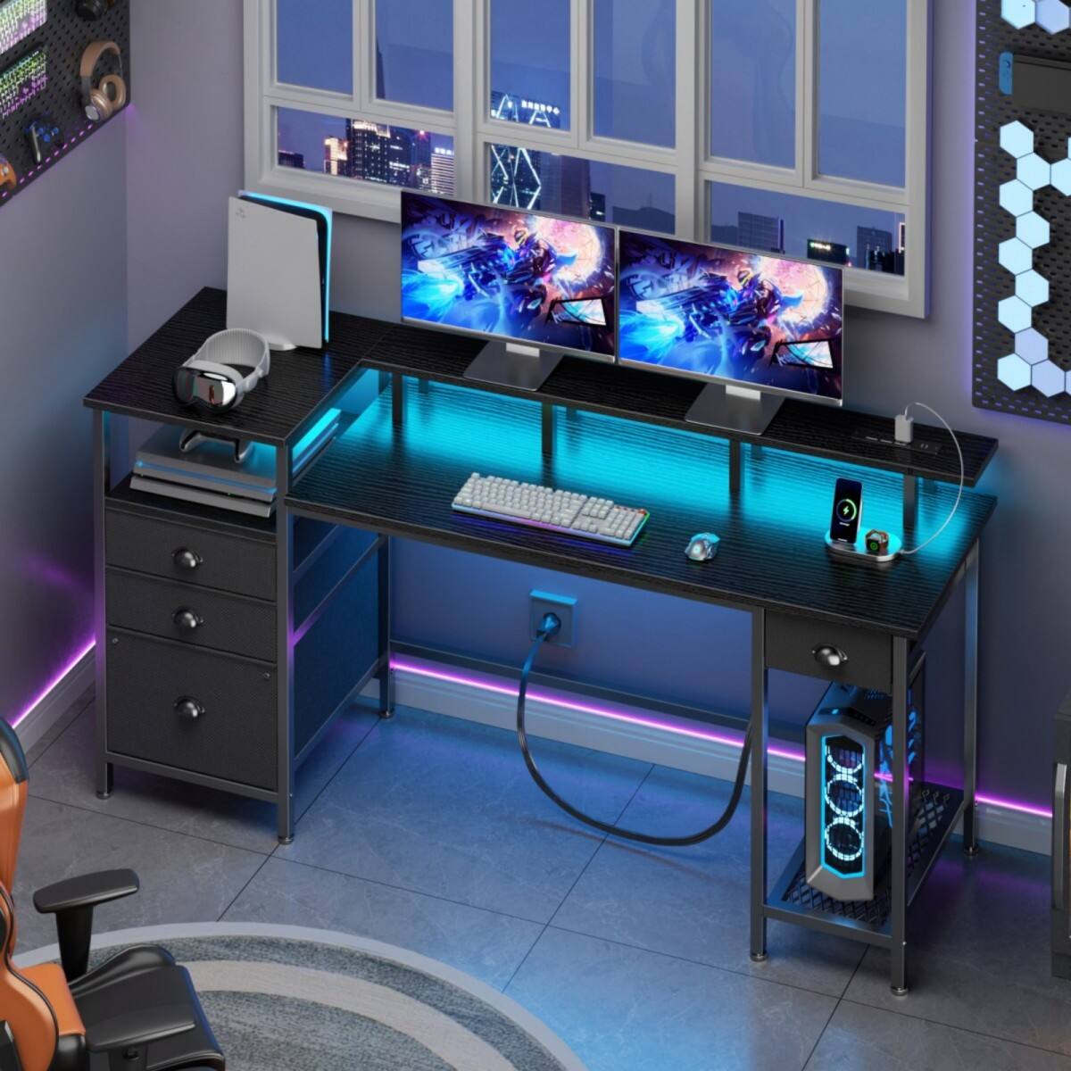 Alt View 6. Furnulem - L Shaped Gaming Desk with LED Lights Power Outlet Fabric Drawers Reversible Corner Computer Desk for Home Office - Black.