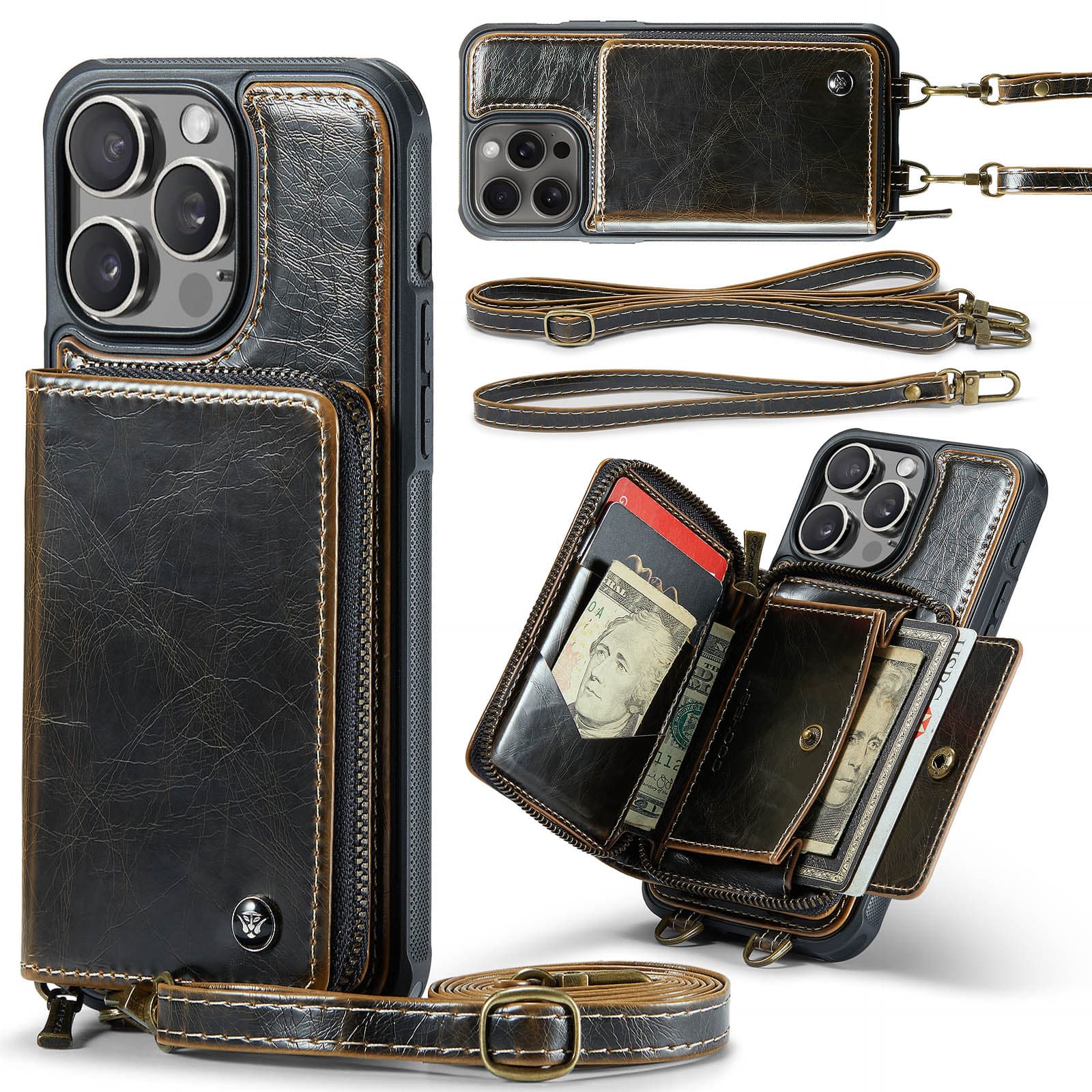 Dteck - Crossbody Zipper Wallet Case for Apple iPhone 16 Pro Max, RFID Blocking PU Leather Card Wrist Strap Lanyard Cover - Coffee price history on PriceWatchPro