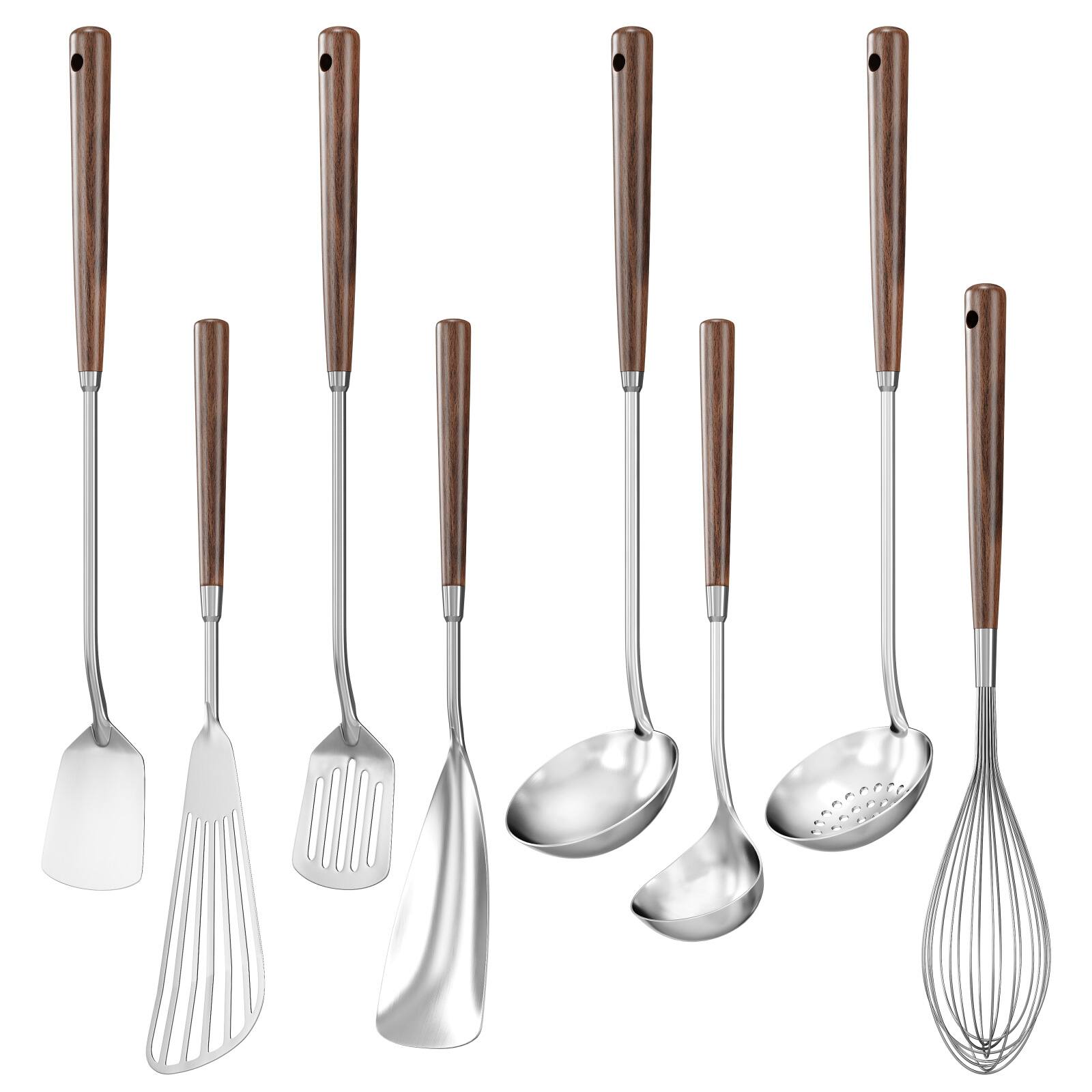 Alt View 7. Sugift - 8-Piece 304 Stainless Steel Cooking Utensil Set with Heat-Resistant Wooden Handles - Silver.