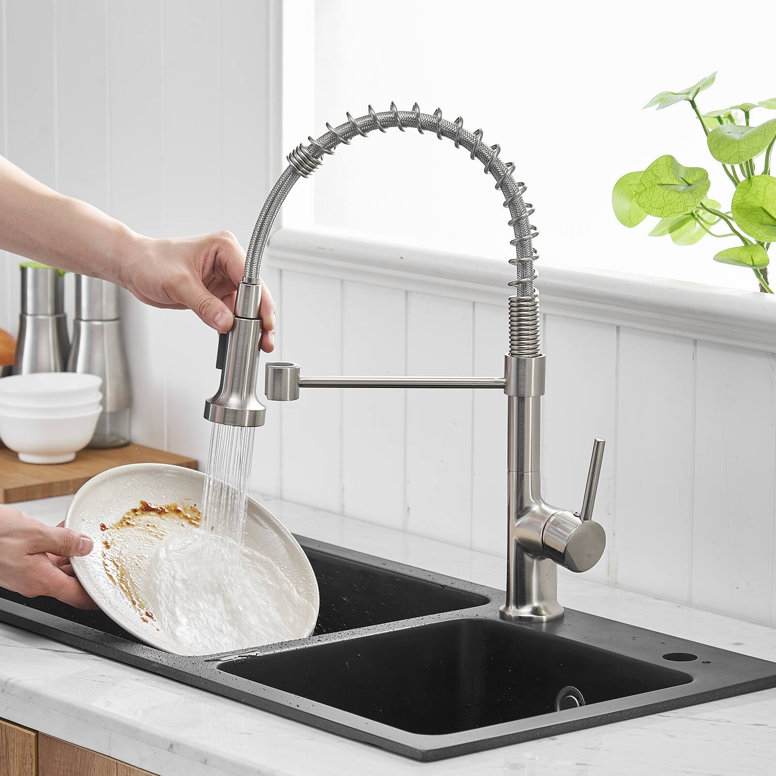 Angle. APRILSOUL - Commercial Kitchen Faucet with Pull Down Sprayer Single Handle Single Lever Kitchen Sink Faucet - Brushed Nickel.