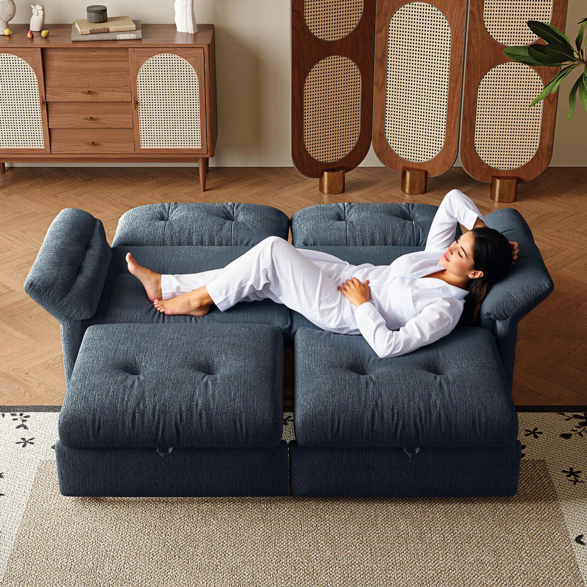 Left. LUCKY ONE - 81.5" 2-in-1 Convertible Sleeper Sofa Bed, Multifunctional Plush Couch with Pull Out Bed - Blue.