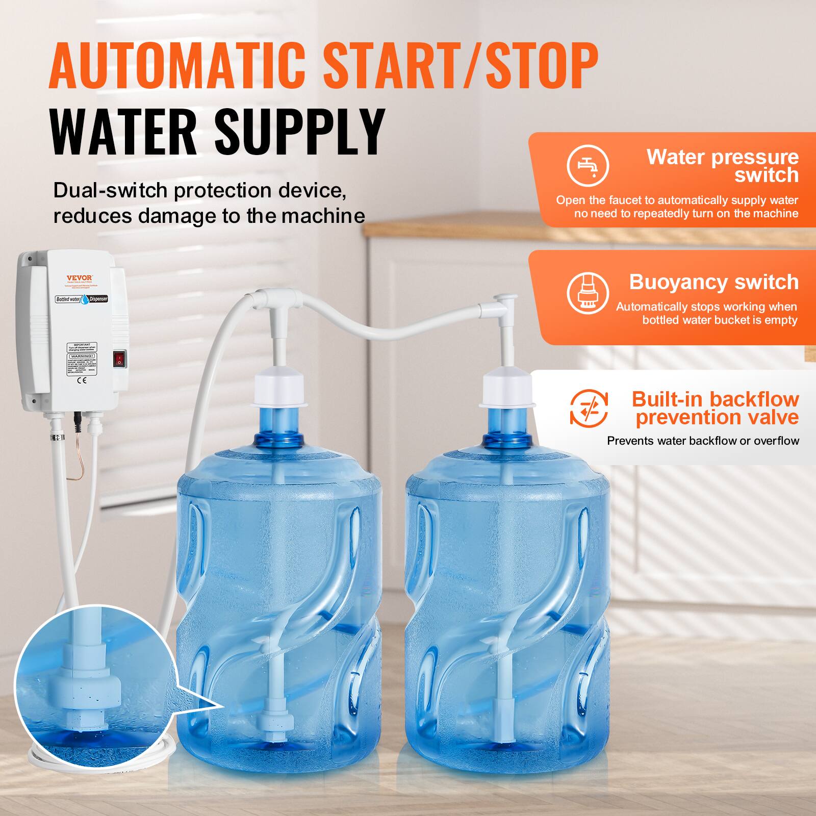 AUTOMATIC START/STOP WATER SUPPLY

Dual-switch protection device, reduces damage to the machine

Water pressure switch
Open the faucet to automatically supply water, no need to repeatedly turn on the machine

Buoyancy switch
Automatically stops working when bottled water bucket is empty

Built-in backflow prevention valve
Prevents water backflow or overflow