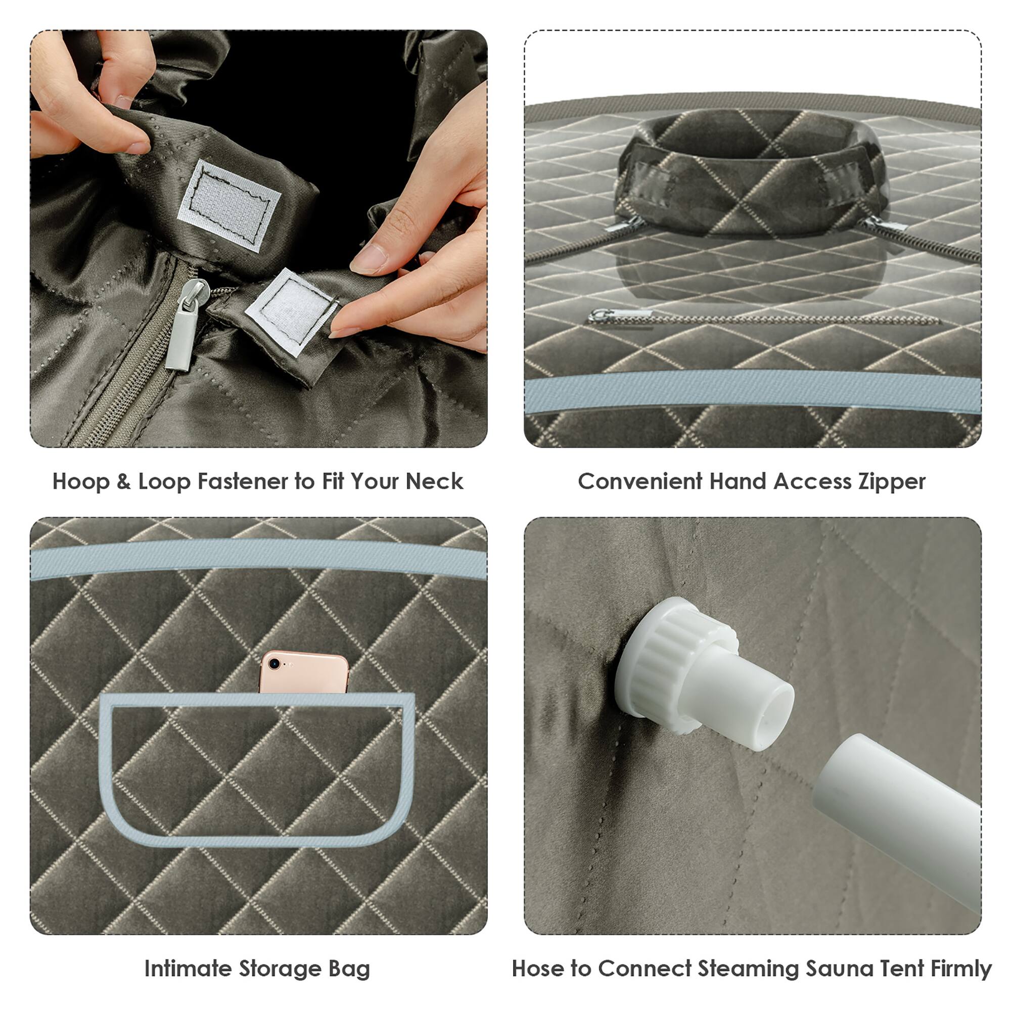 The text on the image is grouped as follows:

1. Hoop & Loop Fastener to Fit Your Neck
2. Convenient Hand Access Zipper
3. Intimate Storage Bag
4. Hose to Connect Steaming Sauna Tent Firmly

The text is now correctly grouped and organized.