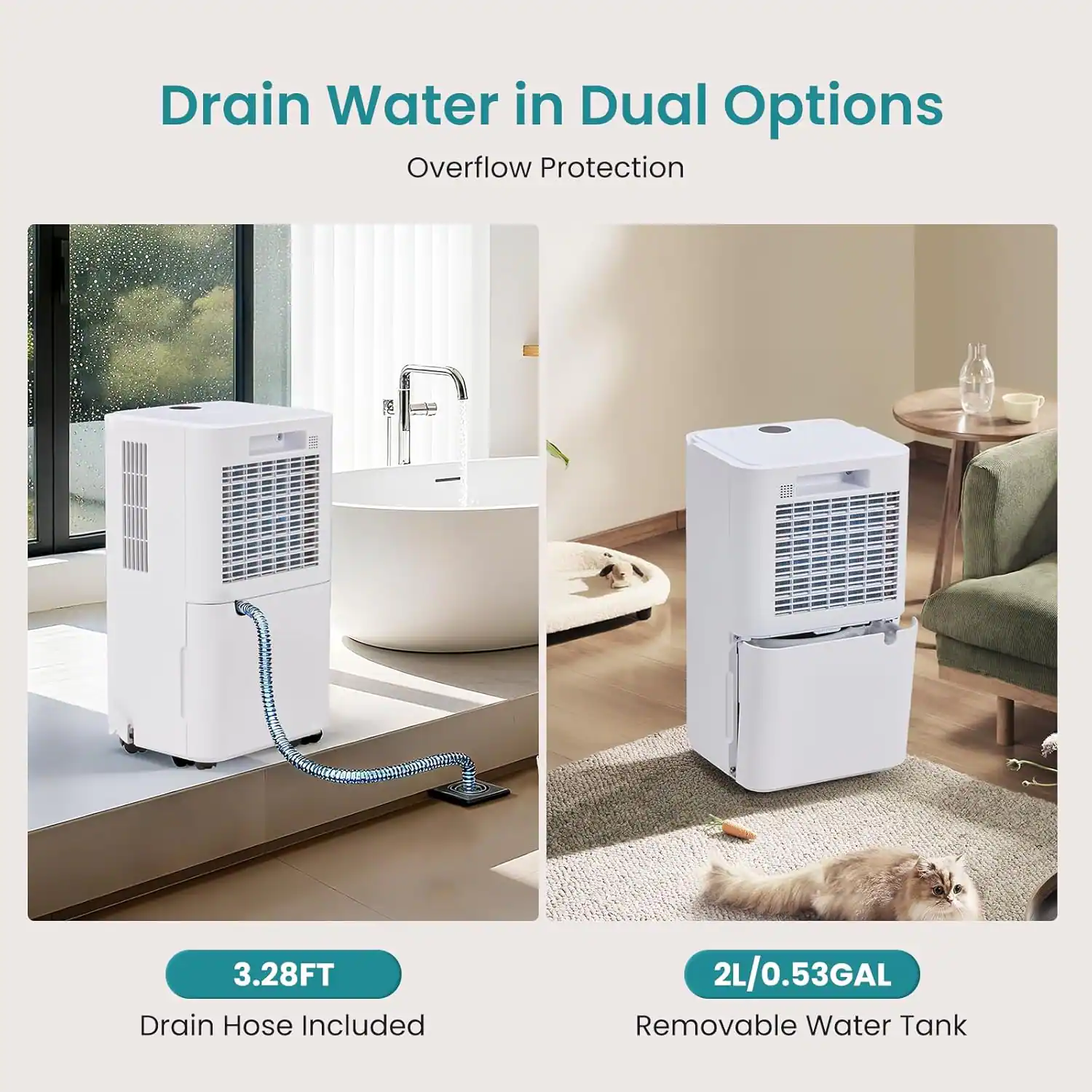 Drain Water in Dual Options  
Overflow Protection  

3.28FT Drain Hose Included  

2L/0.53GAL Removable Water Tank