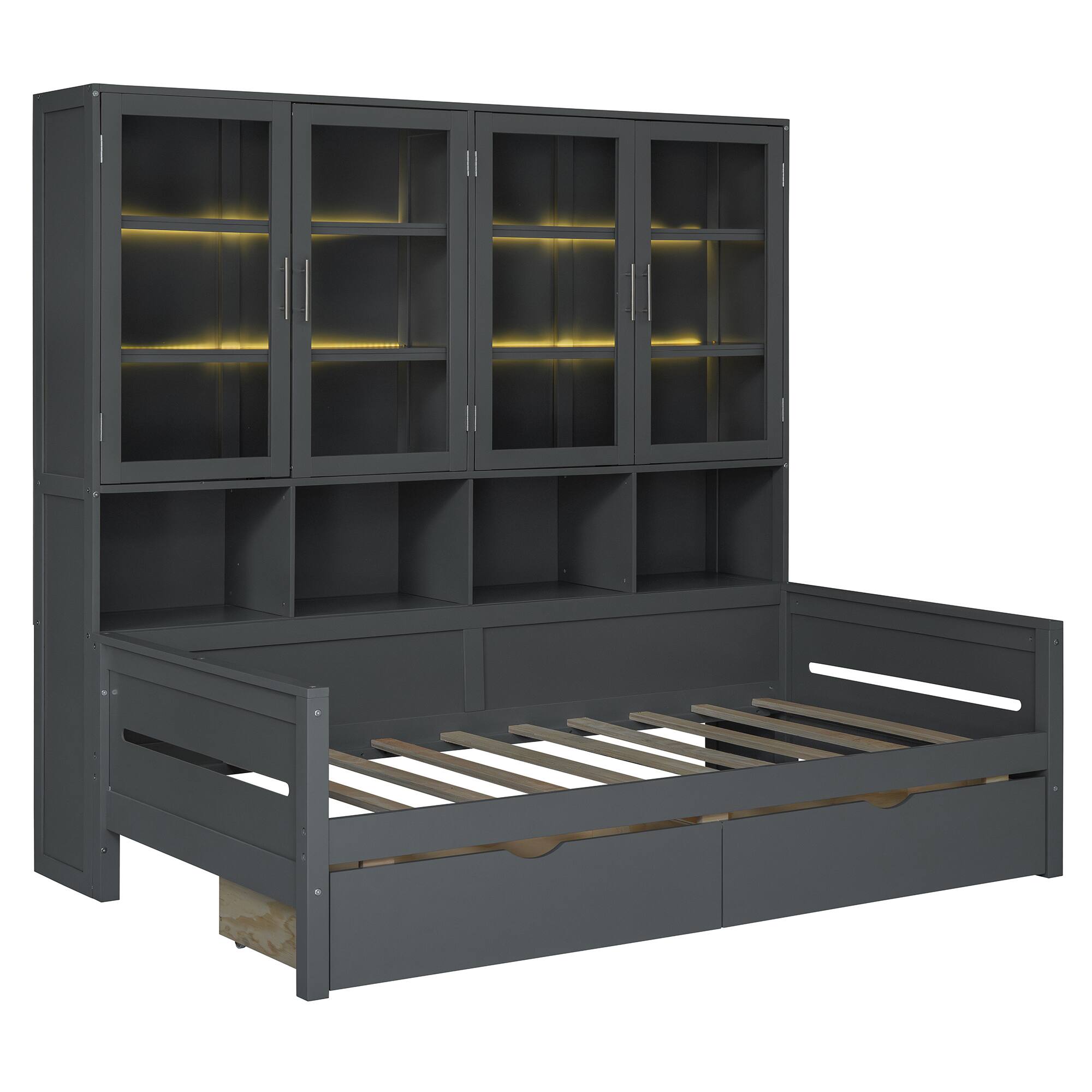 Alt View 8. Tiramisubest - Twin Size Wooden Daybed with Glass-Door Storage Cabinets, Built-in LED Lighting and Shelves, Gray - Gray.