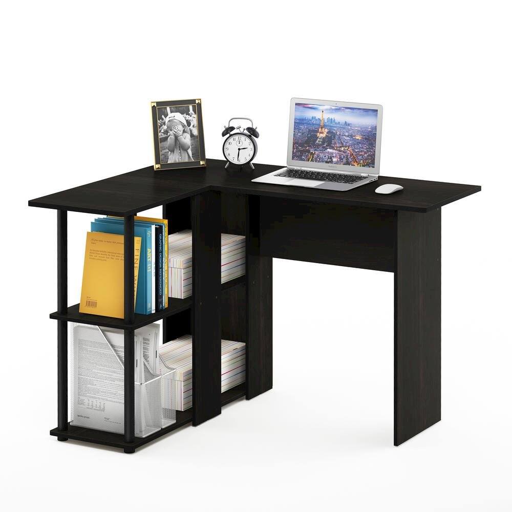 Left. FurniFact - Black L Shaped Desk with Bookshelf and Storage Drawers for Office Use - Espresso/Black.