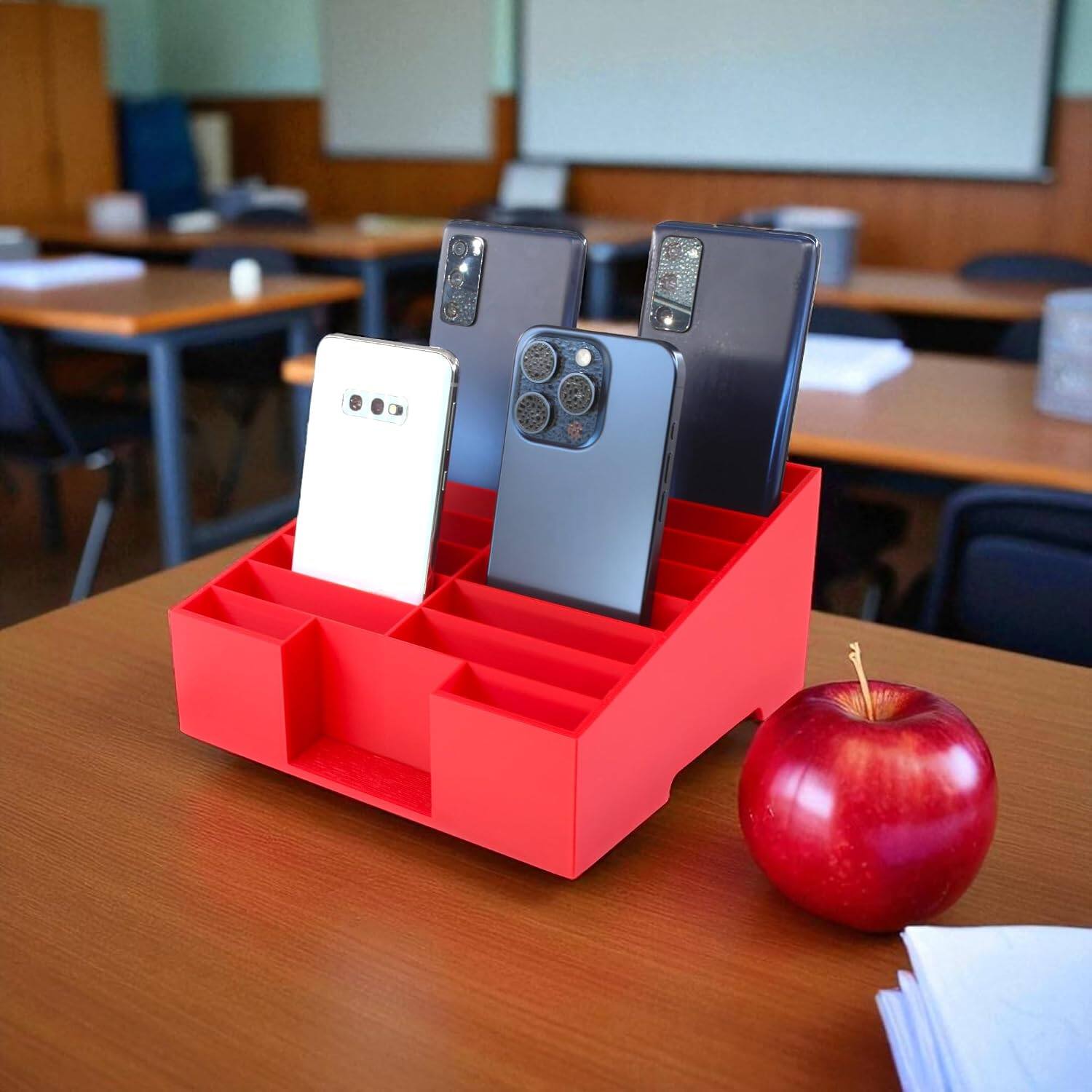Angle. JuzToys - 16-Grid Cell Phone Holder for Classroom, Office Desktop Organizer Storage Box Mobile Phone Management (Red) by PowerTRC - Red.