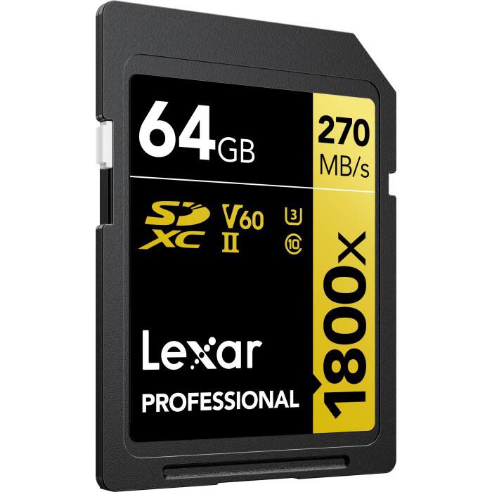 64 GB  
270 MB/s  
V60  
XC II  
1800x  
Lexar  
PROFESSIONAL