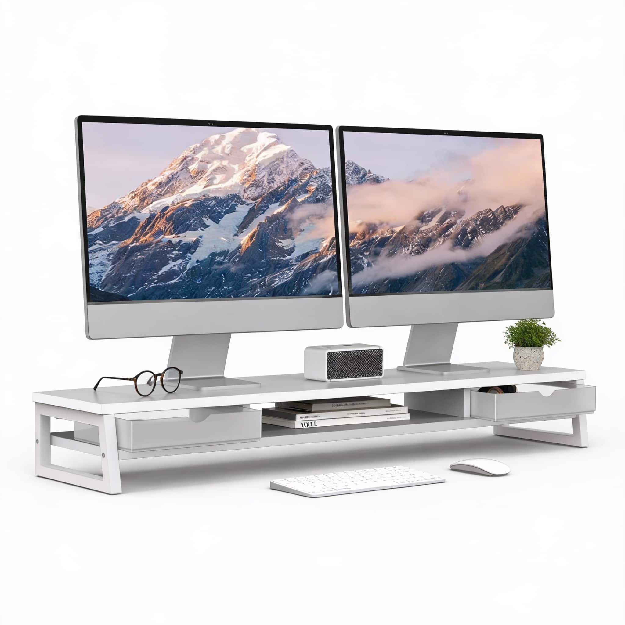 Frangdom - Dual Monitor Riser 42.5" 2-Tier Shelf with Drawer - White