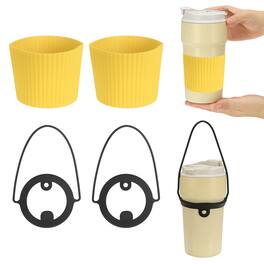 Unique Bargains - Silicone Cup Sleeve, 2pcs Coffee Sleeves with Black Handle Strap, Heat Resistant Reusable Nonslip for Coffee Tea Drinks - Dark Yellow