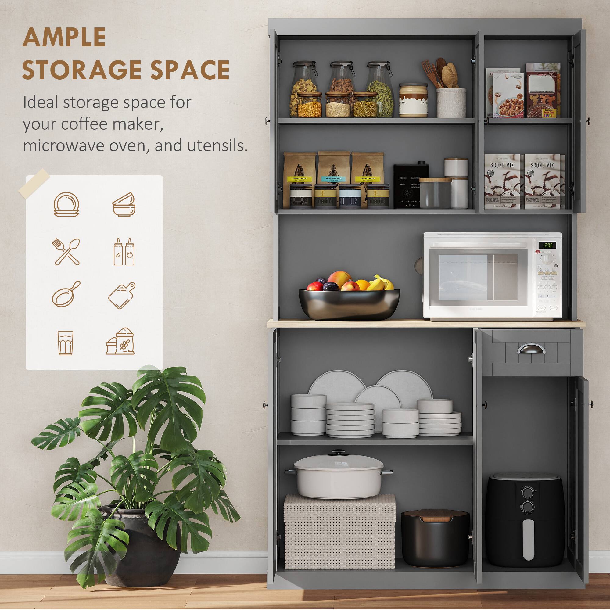AMPLE STORAGE SPACE  
Ideal storage space for your coffee maker, microwave oven, and utensils.