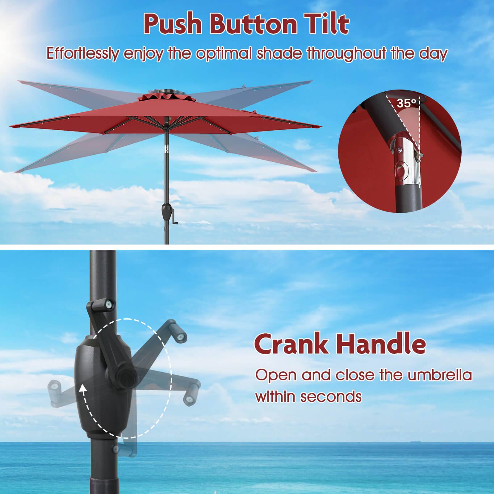 Push Button Tilt Effortlessly enjoy the optimal shade throughout the day

Crank Handle Open and close the umbrella within seconds