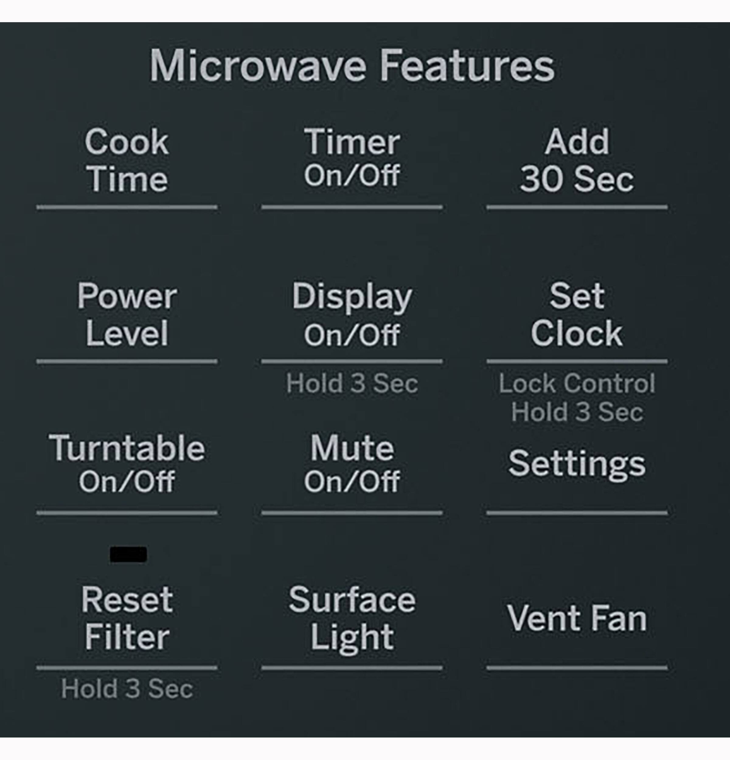 Microwave Features

- Cook Time
- Timer On/Off
- Add 30 Sec
- Power Level
- Display On/Off
- Set Clock
- Turntable On/Off
- Mute On/Off
- Lock Control
- Reset Filter
- Surface Light
- Vent Fan

Hold 3 Sec