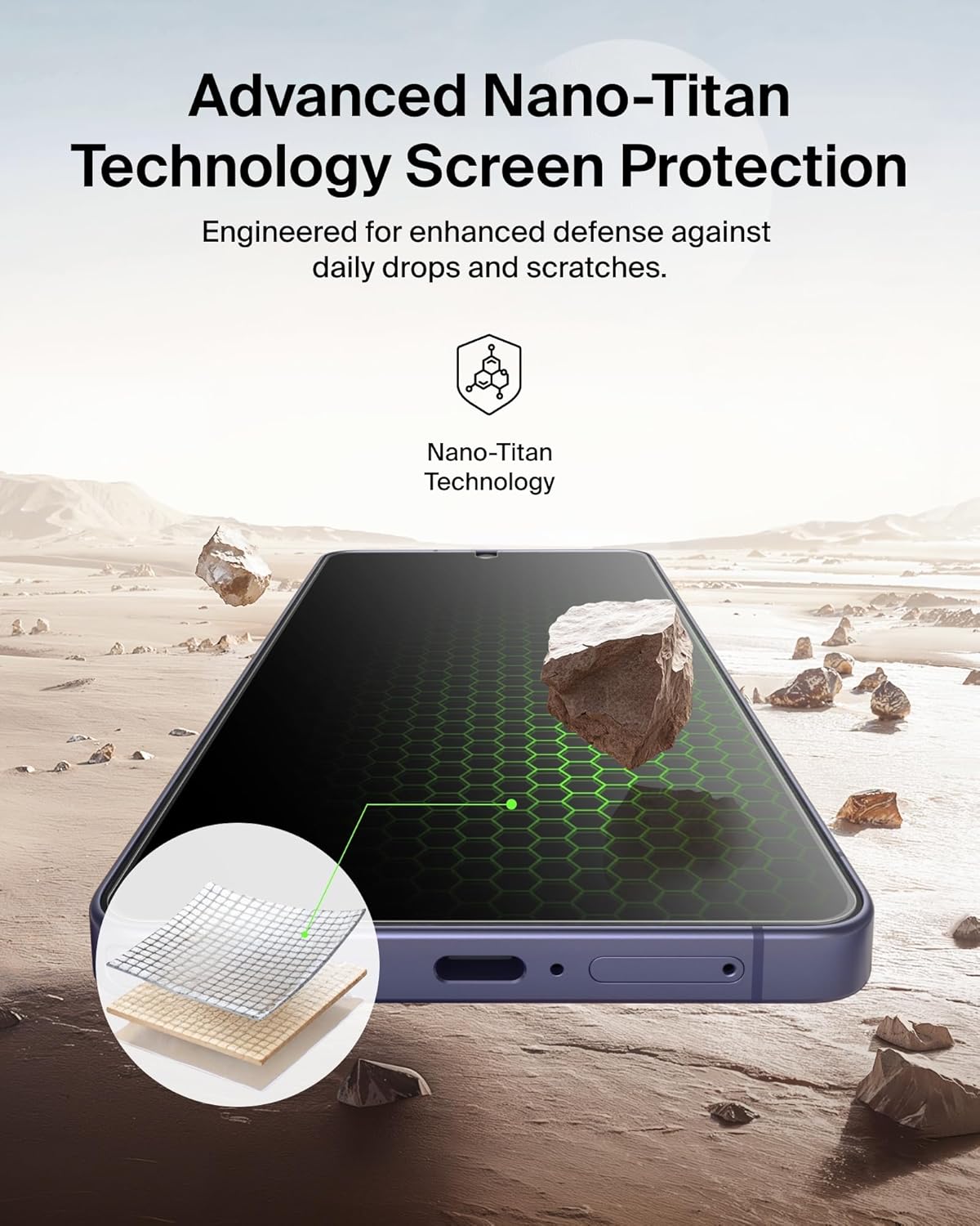 Advanced Nano-Titan Technology Screen Protection  
Engineered for enhanced defense against daily drops and scratches.  

Nano-Titan Technology