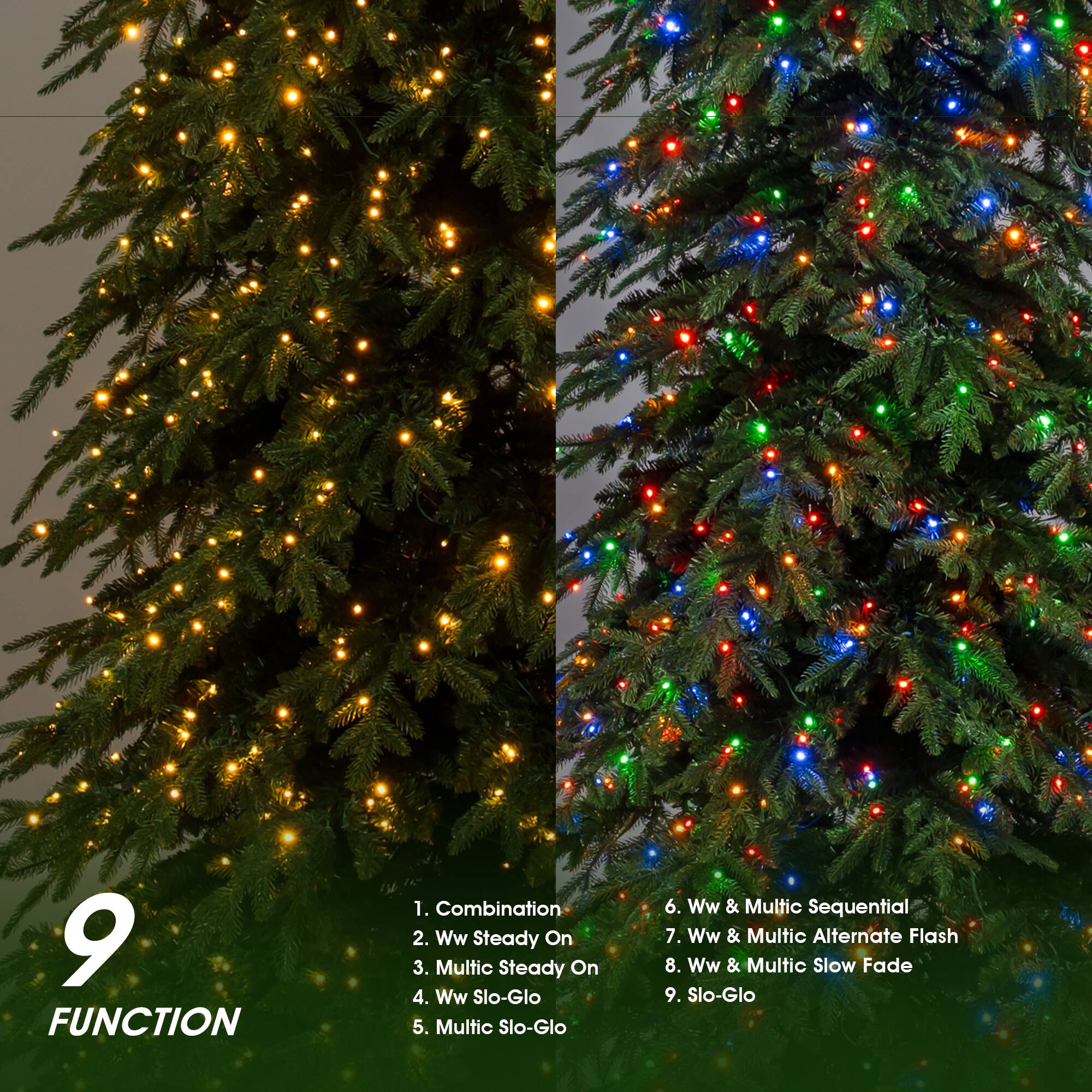 9 FUNCTION
1. Combination
2. Ww Steady On
3. Multic Steady On
4. Ww Slo-Glo
5. Multic Slo-Glo
6. Ww & Multic Sequential
7. Ww & Multic Alternate Flash
8. Ww & Multic Slow Fade
9. Slo-Glo