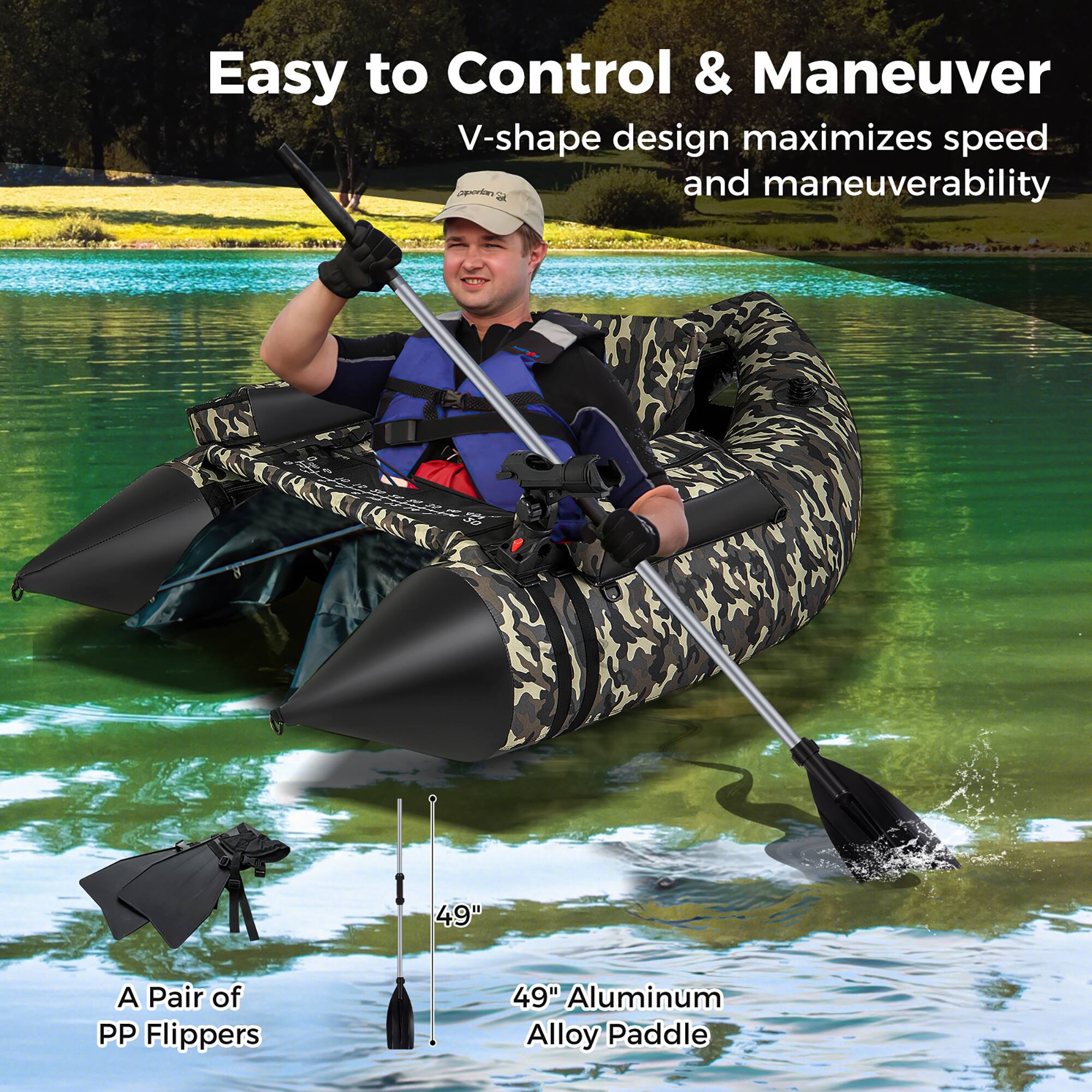 Easy to Control & Maneuver  
V-shape design maximizes speed and maneuverability  

A Pair of PP Flippers  
49" Aluminum Alloy Paddle