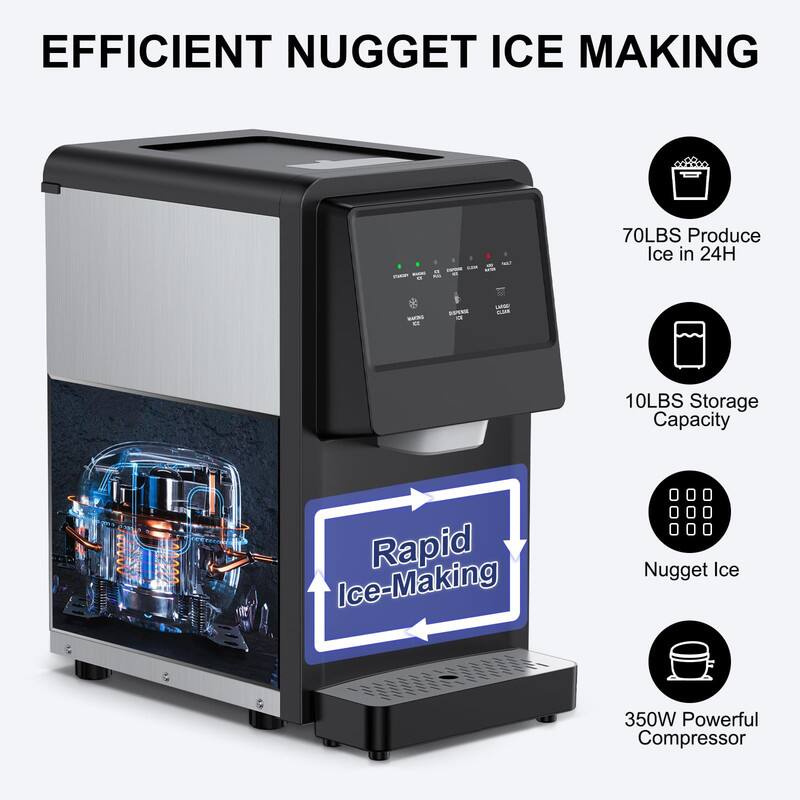 EFFICIENT NUGGET ICE MAKING

- 70LBS Produce Ice in 24H
- 10LBS Storage Capacity
- Rapid Ice-Making
- Nugget Ice
- 350W Powerful Compressor