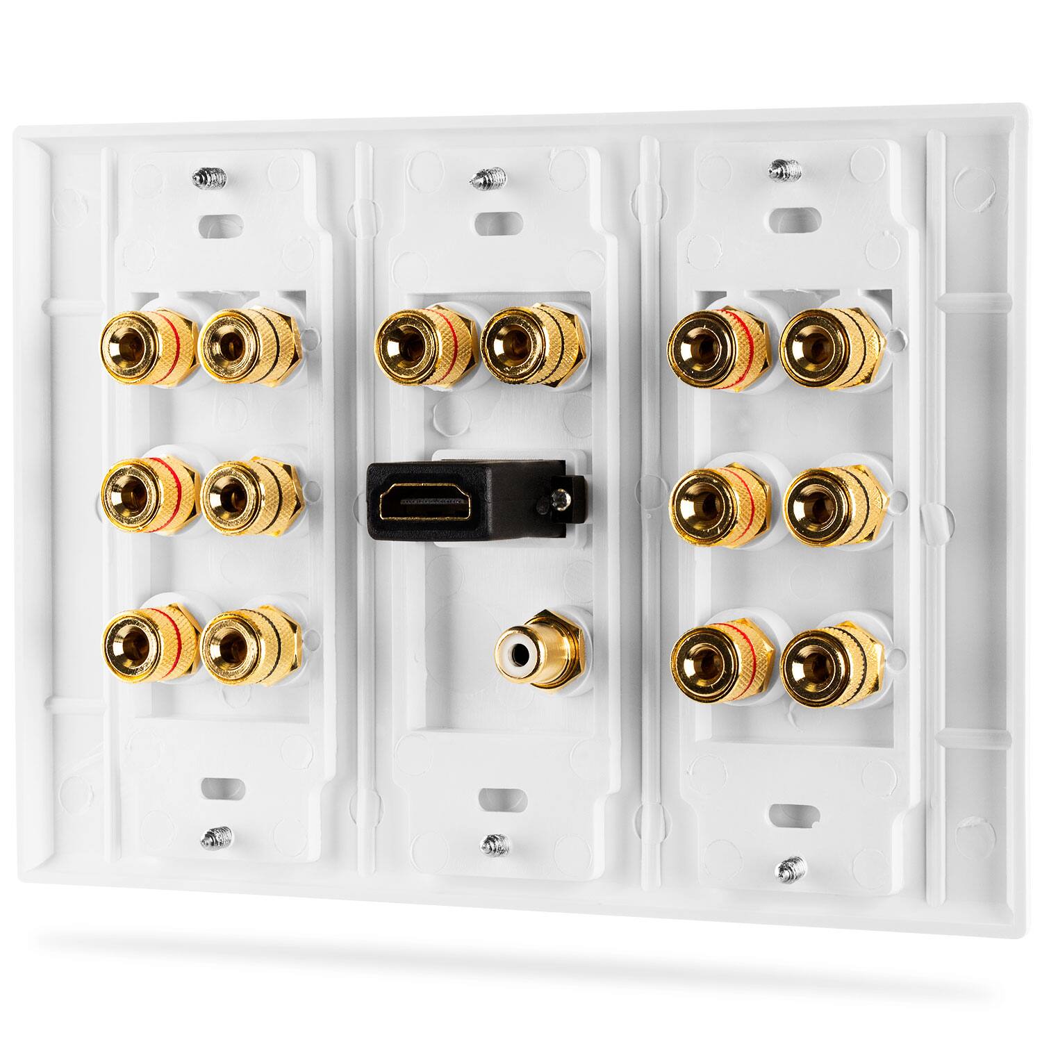 Angle. Fosmon - 3-Gang 7.1 Surround Sound Distribution Wall Plate, 7-Pair Copper Binding Posts, 1 RCA Jack, 1 High Speed HDMI 2.0 Port - White.