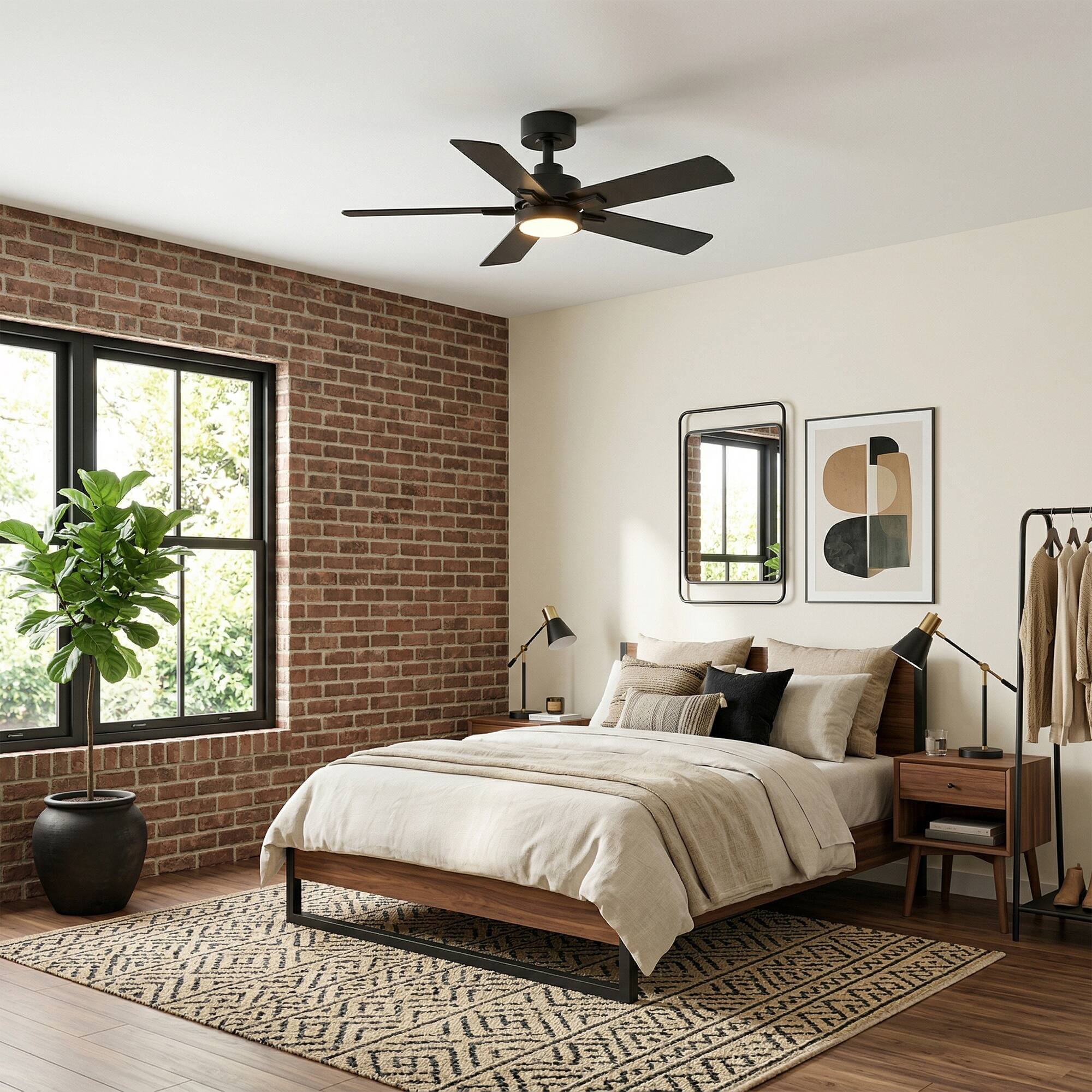 Back. Breezary - 42-Inch Ceiling Fan with LED Light, 5 MDF Blades, DC Motor, 6-Speed Remote, 1/4h Timer, Tri-Color Dimmable, Acrylic Shad - Matte Black.