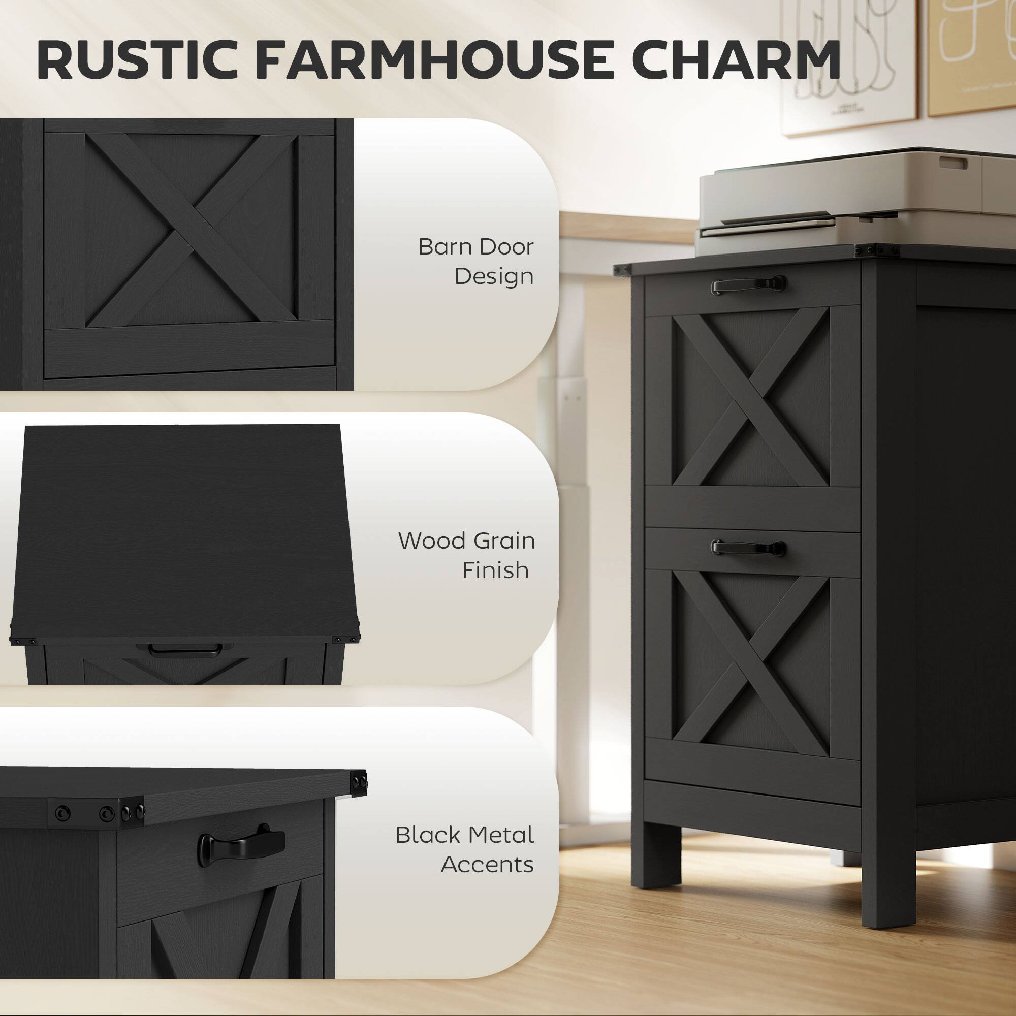 RUSTIC FARMHOUSE CHARM

- Barn Door Design
- Wood Grain Finish
- Black Metal Accents