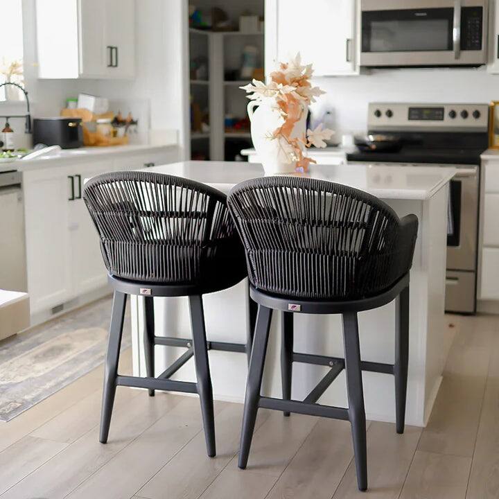 Back. PURPLE LEAF - Outdoor Counter/Bar Height Stools Rattan Wicker Bar Chairs Set of 2 Woven Aluminum Barstools with Back and Cushions - Grey-Bar Stool.