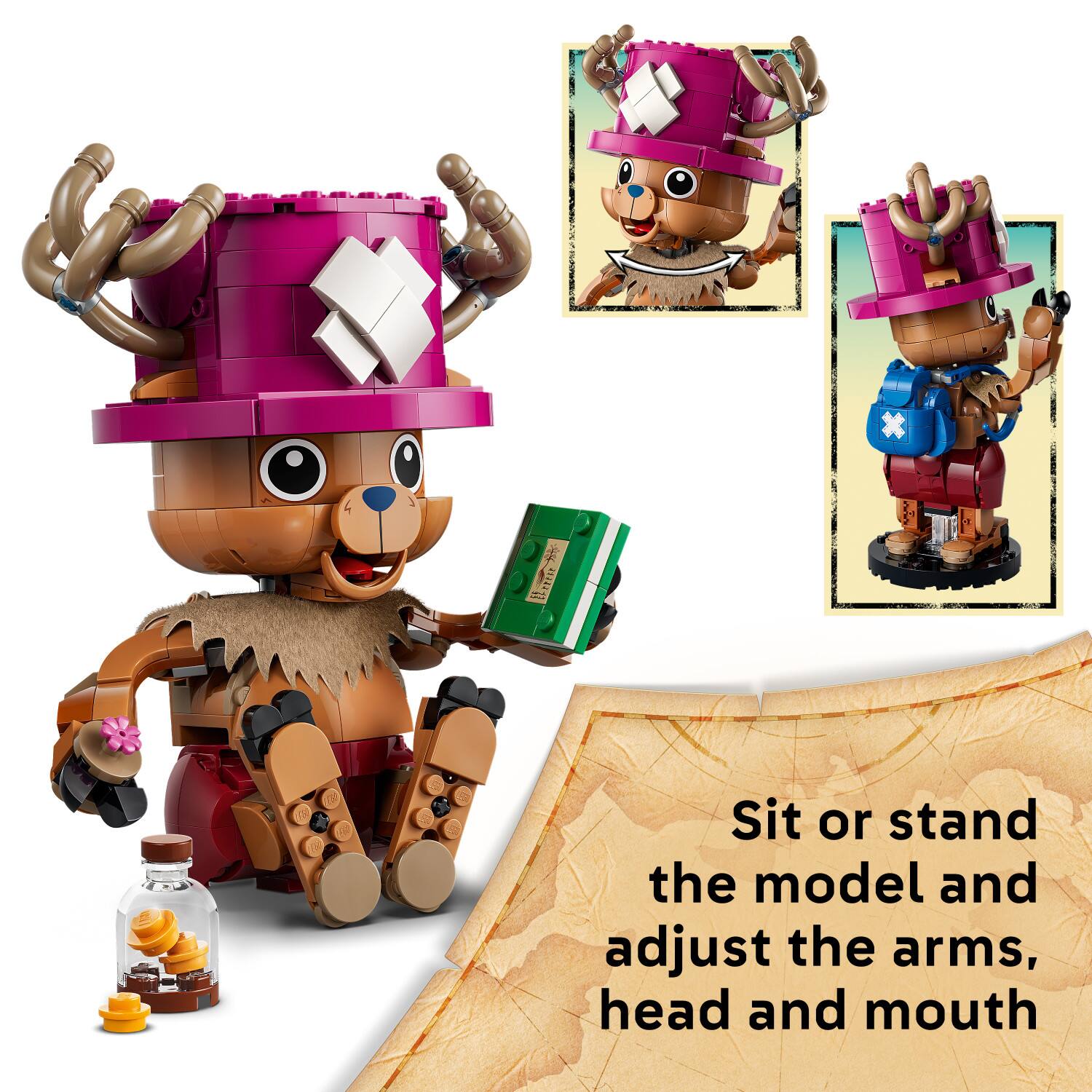 Sit or stand the model and adjust the arms, head and mouth