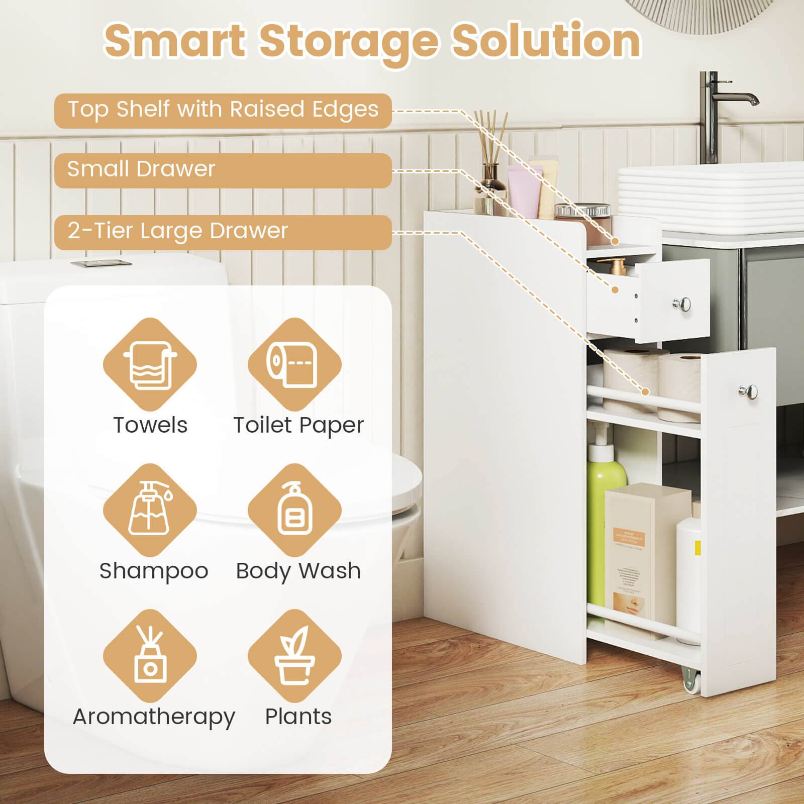 Smart Storage Solution

- Top Shelf with Raised Edges
- Small Drawer
- 2-Tier Large Drawer

- Towels
- Toilet Paper
- Shampoo
- Body Wash
- Aromatherapy
- Plants