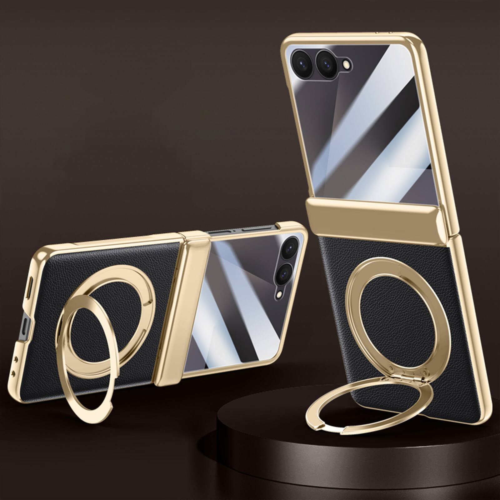 Angle. Dteck - For Samsung Galaxy Z Flip7 Luxury Plated Frame Ring Stand Magnetic Case Hinge Protection Cover+Built-in Screen Protector - Green-Clear Screen.