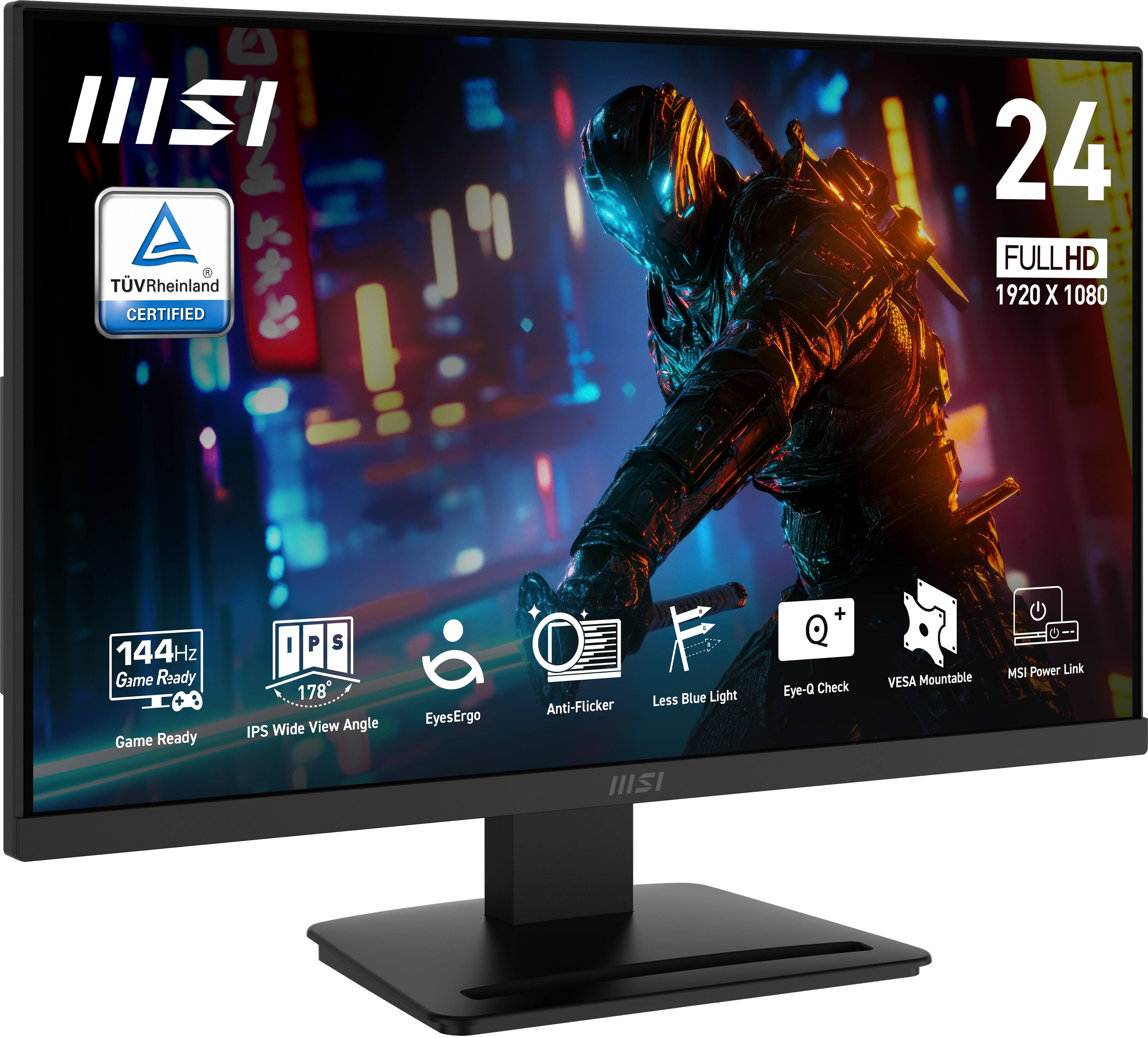 MSI TVRheinland CERTIFIED 24 FULL HD 1920 X 1080 144Hz Game Ready IPS 178° Wide View Angle EyesErgo Anti-Flicker Less Blue Light Eye-Q Check VESA Mountable MSI Power Link