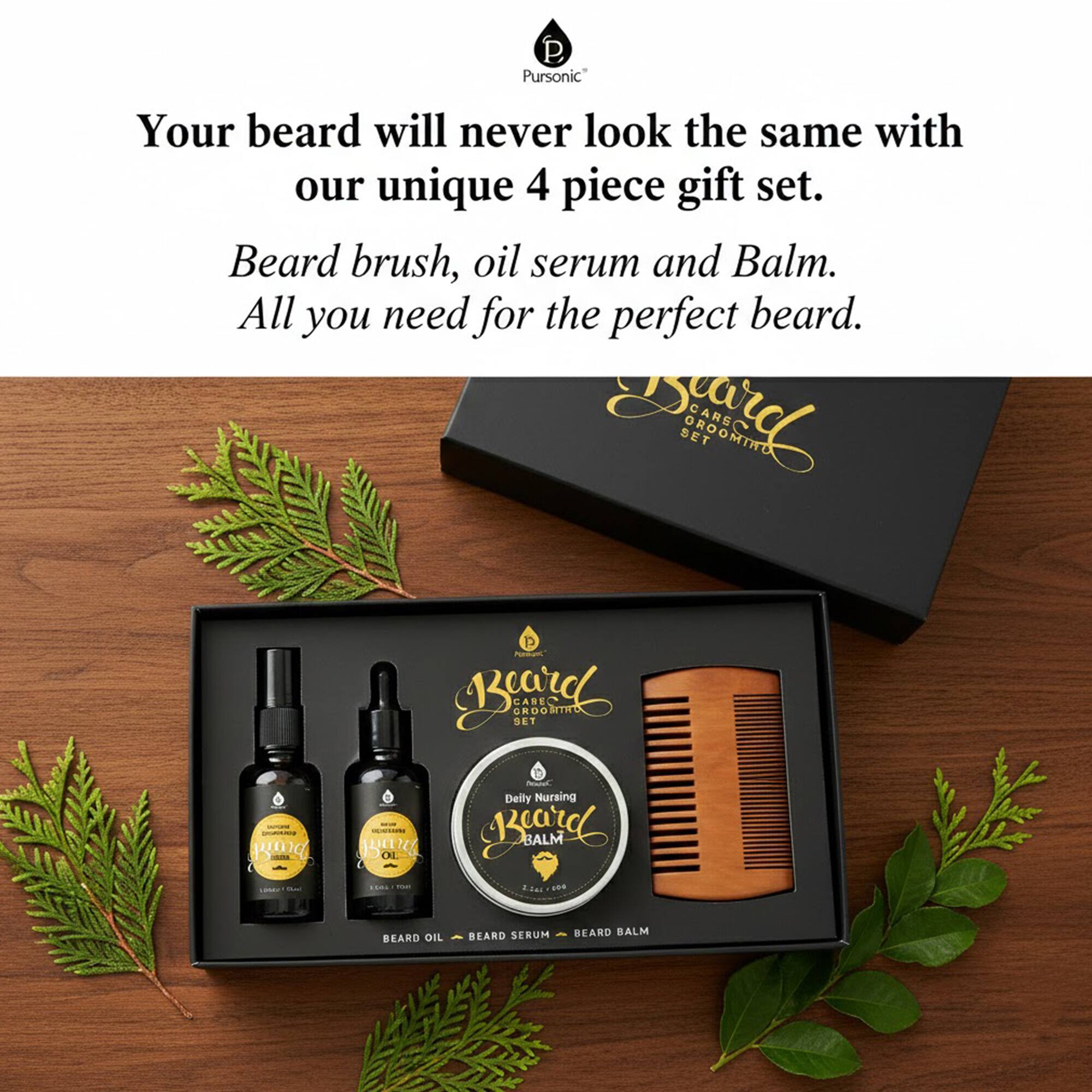 P. Pursonic

Your beard will never look the same with our unique 4 piece gift set. Beard brush, oil serum and Balm. All you need for the perfect beard.

De SET GROOMTHO CARSO - P0G D Poda Braid CRDOMTH SET CAREC

Deily Nursing I jua | Bcard BALM OL F.rOOS 1 BEARD OIL BEARD SERUM BEARD BALM