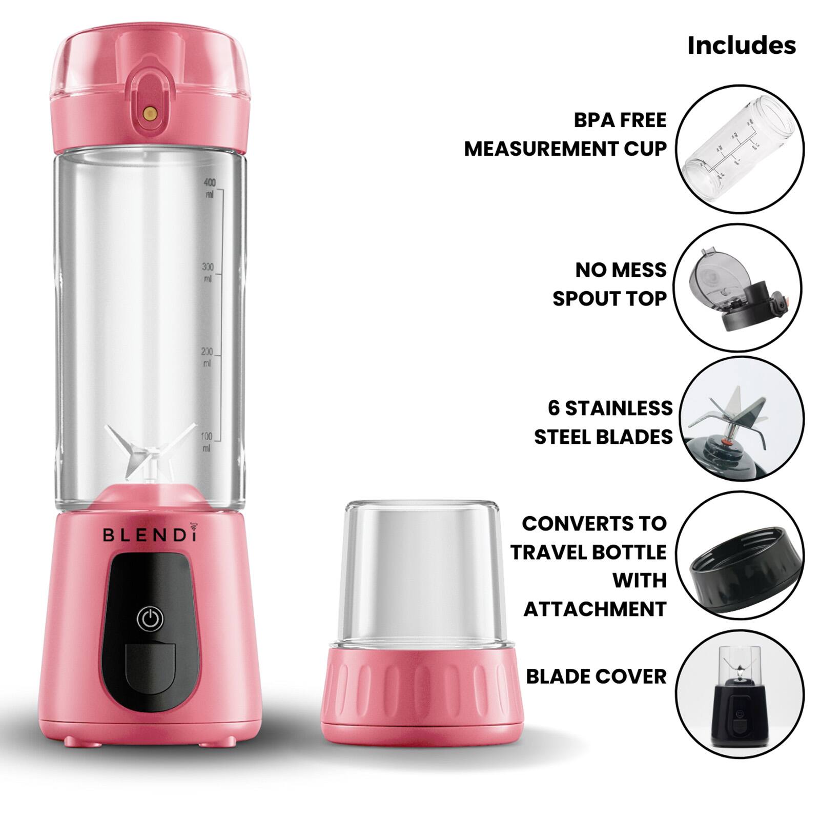 Includes

- BPA FREE MEASUREMENT CUP
- NO MESS SPOUT TOP
- 6 STAINLESS STEEL BLADES
- CONVERTS TO TRAVEL BOTTLE WITH ATTACHMENT
- BLADE COVER
